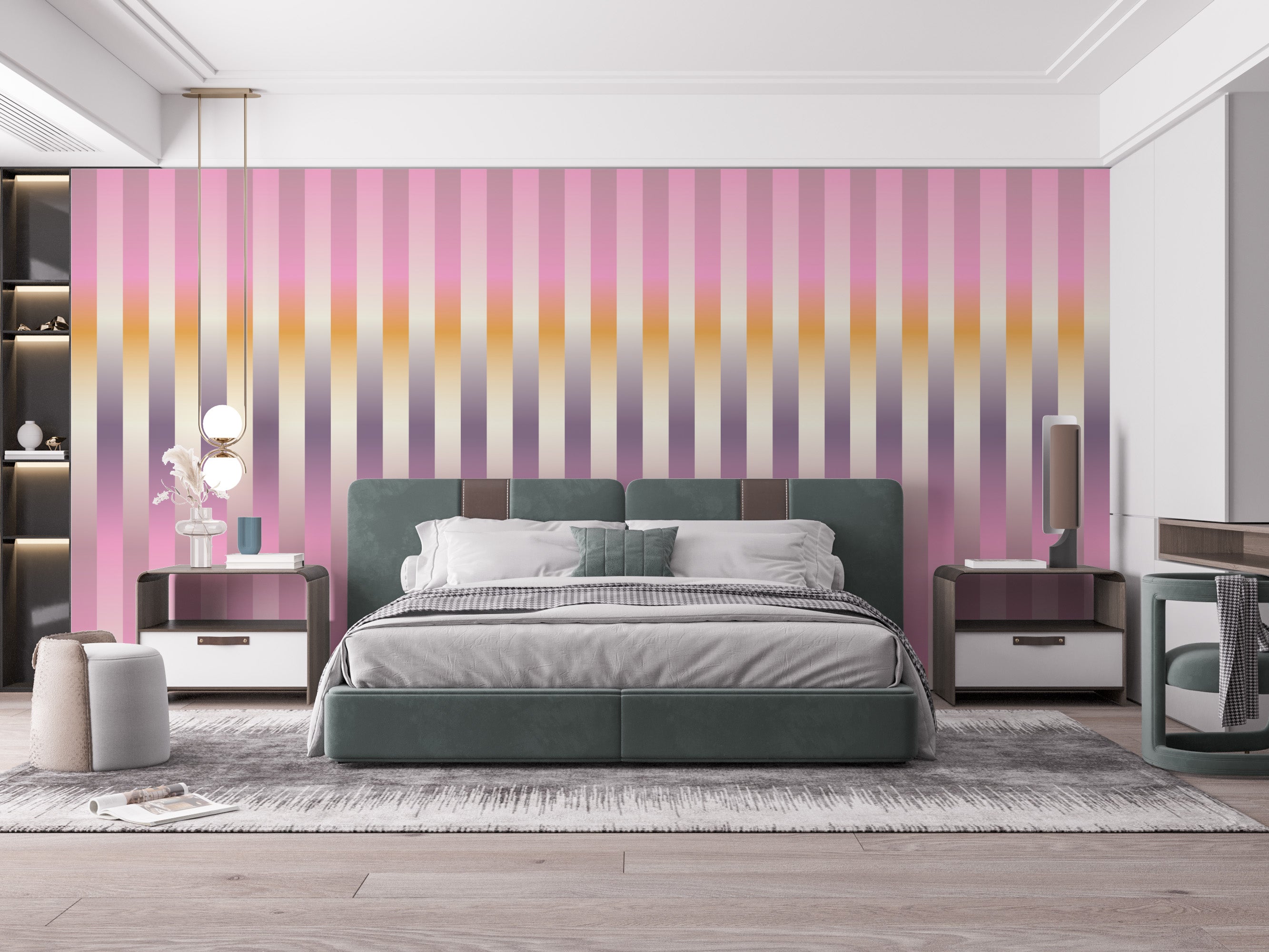 Lilac wall mural with contemporary blurred stripe design.