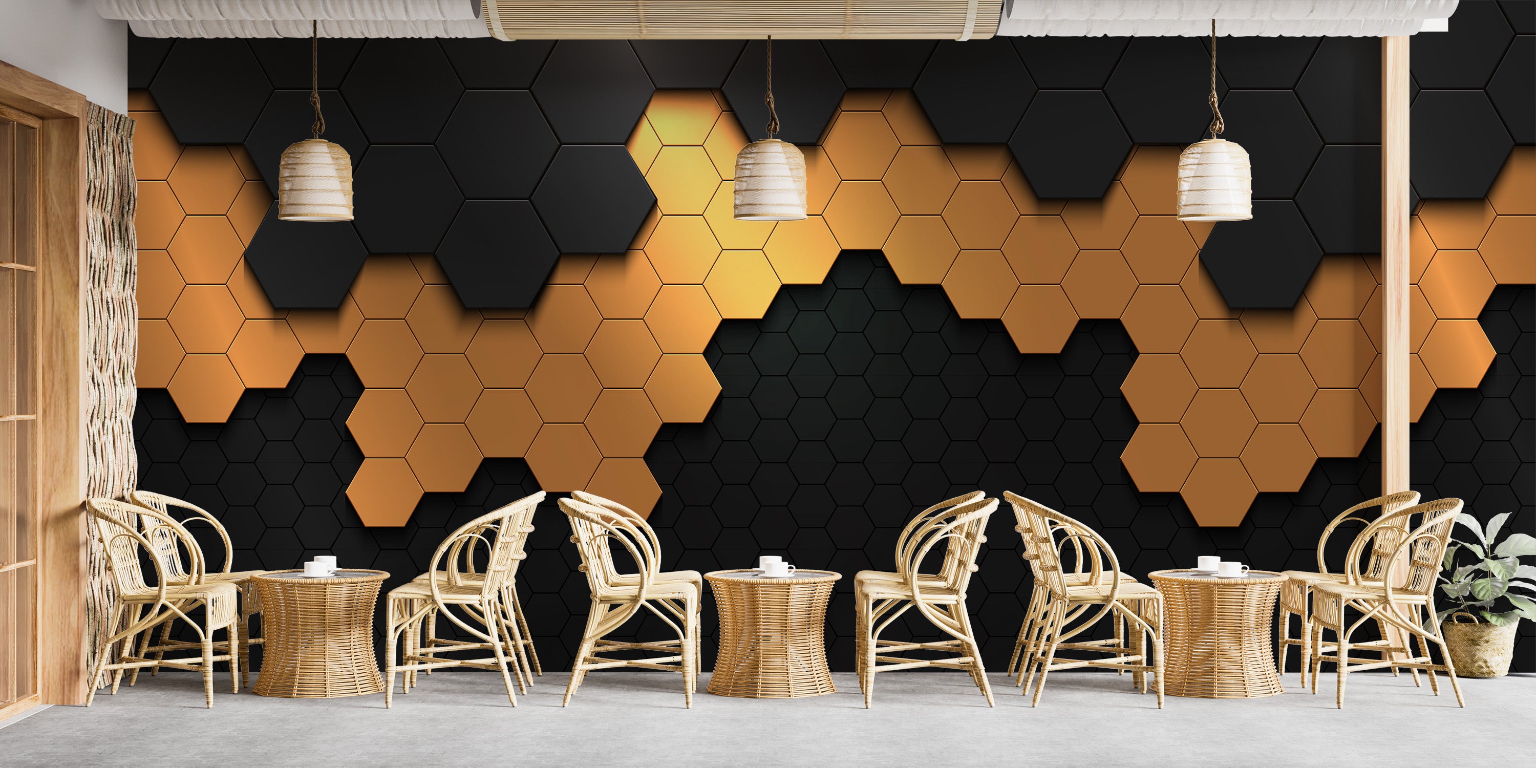 Artistic hexagonal wallpaper in dark tones
