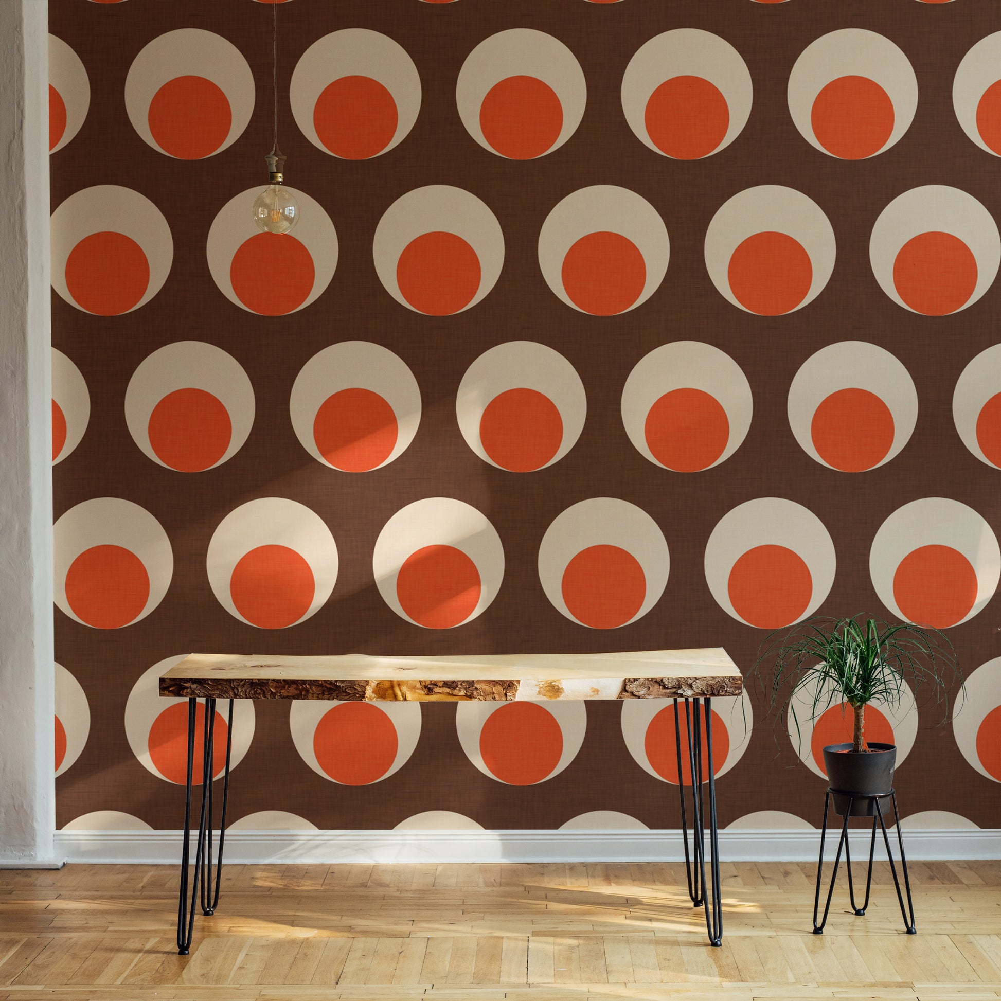 Abstract brown mural with modern dot accents
