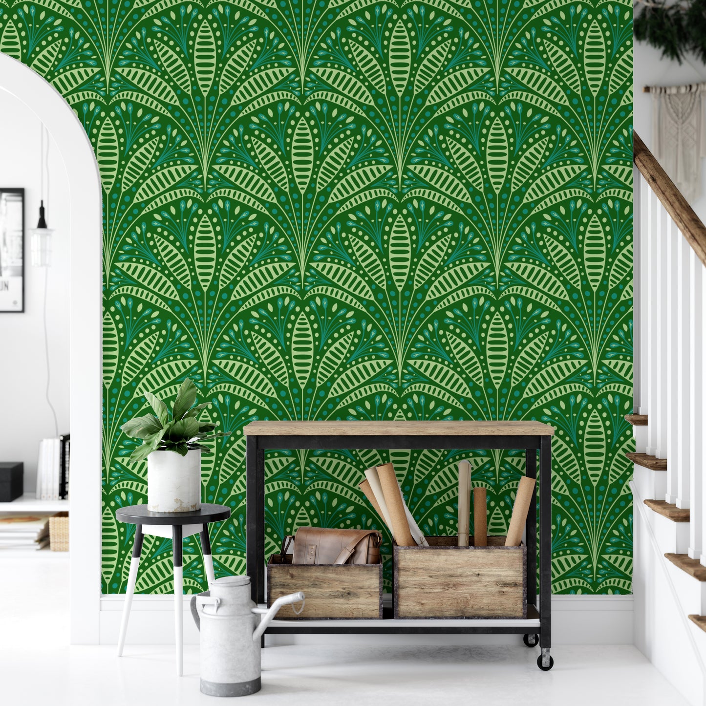 Unique green palm wallpaper with elegant Art Deco influences.