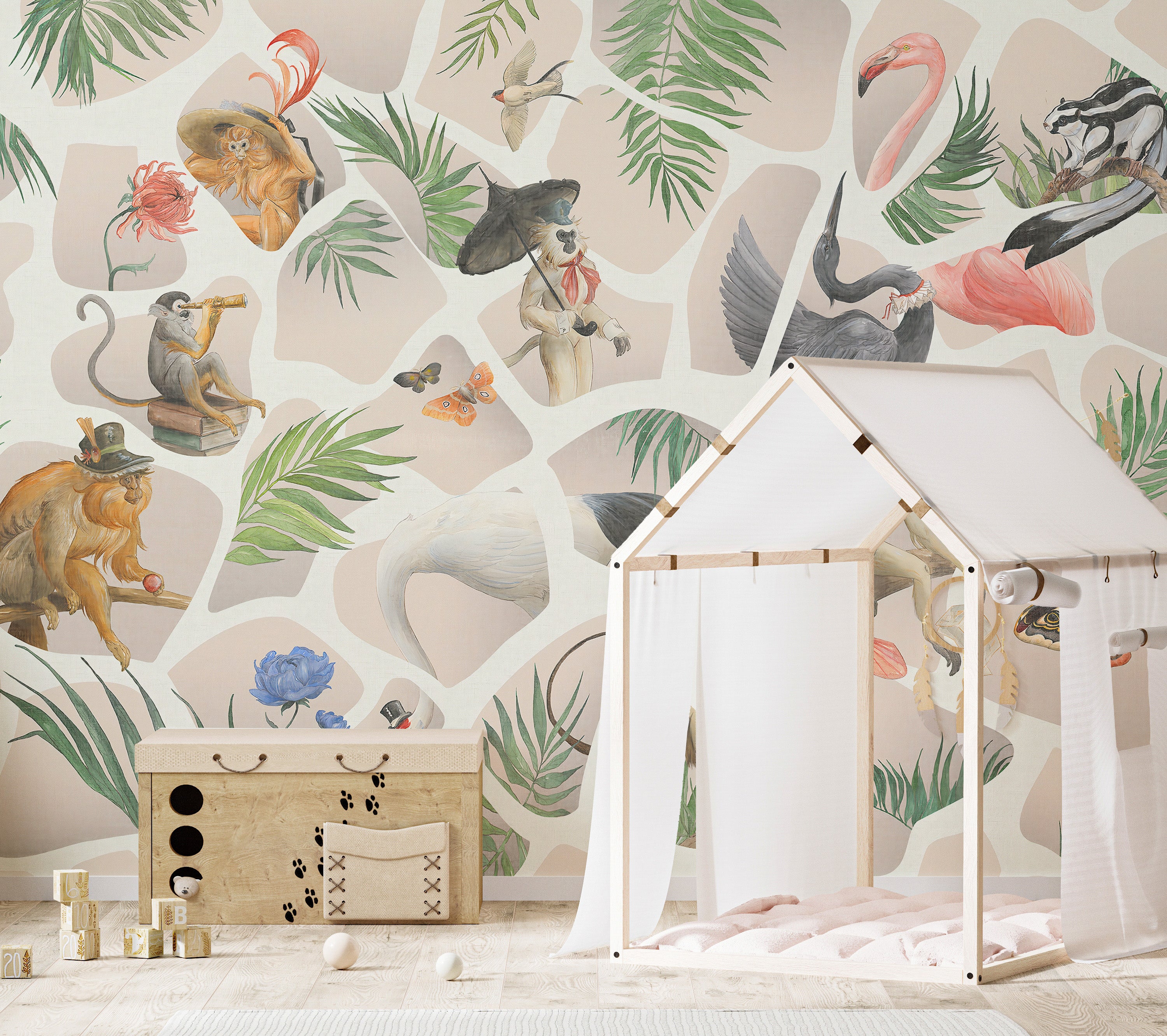 Soft pink wallpaper mural with monkeys and birds in watercolor.
