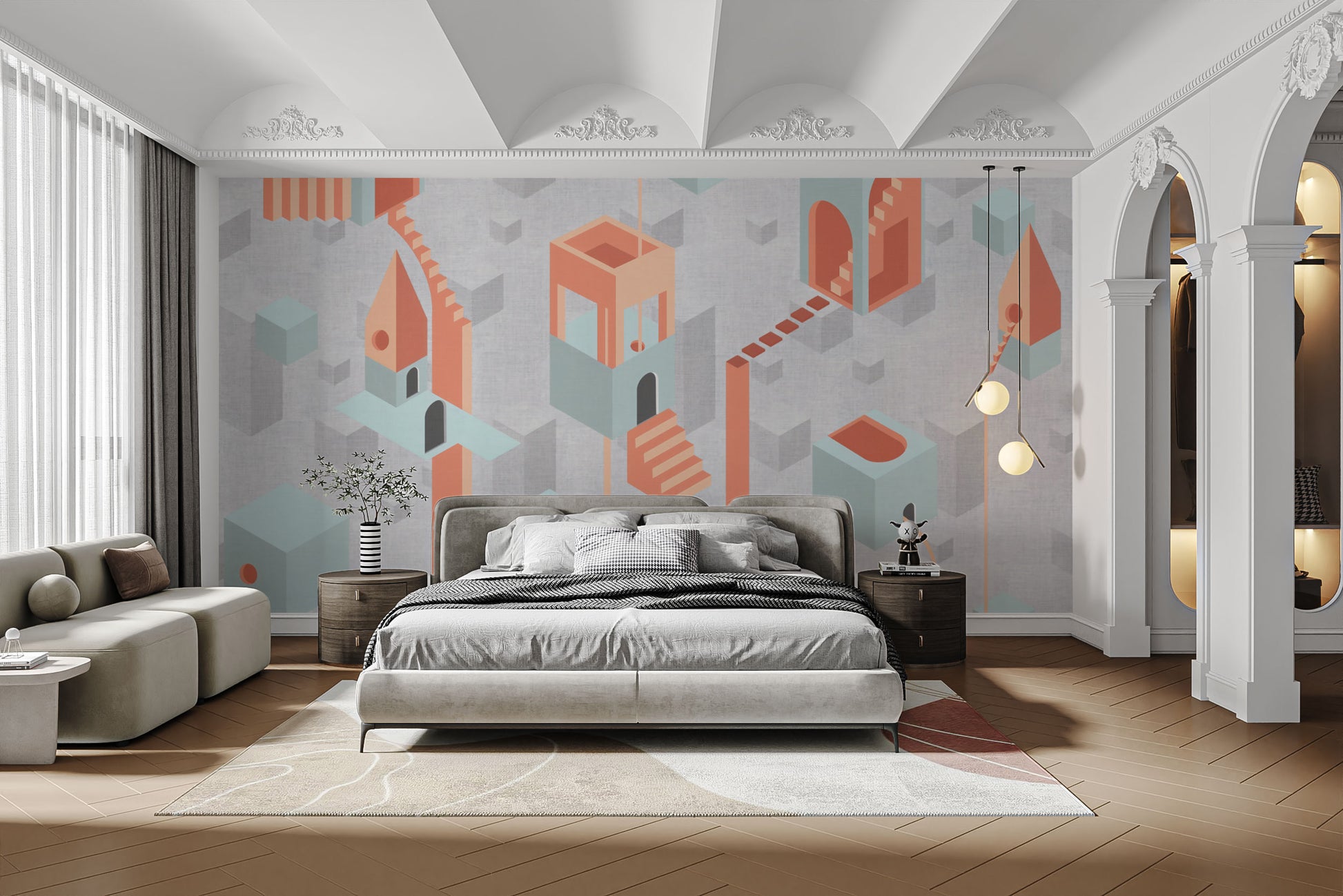 Minimalist Surreal Geometric Architecture Wallpaper for Rooms
