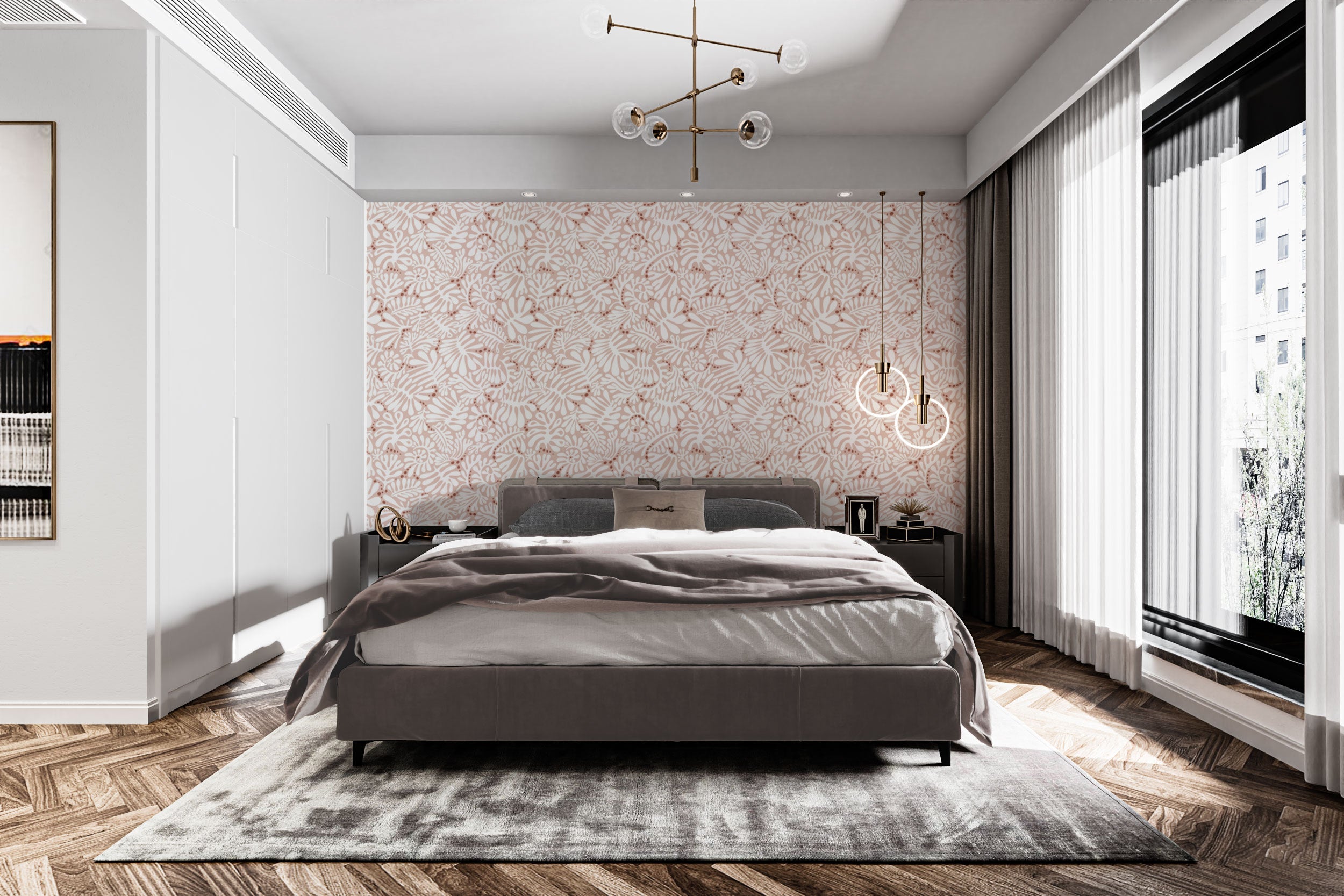 Whimsical blush botanical wallpaper for cozy spaces