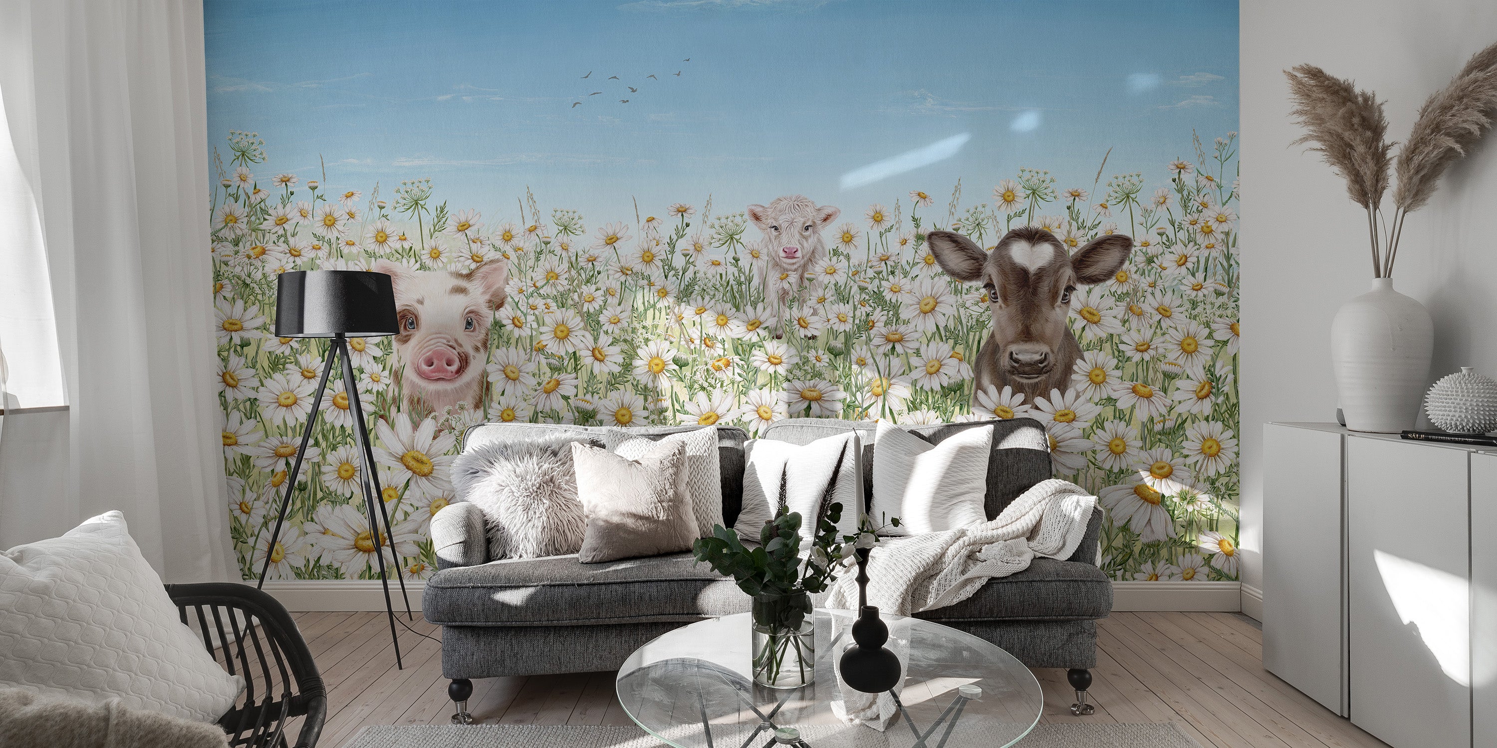 Whimsical farm animals mural for a countryside-inspired room.
