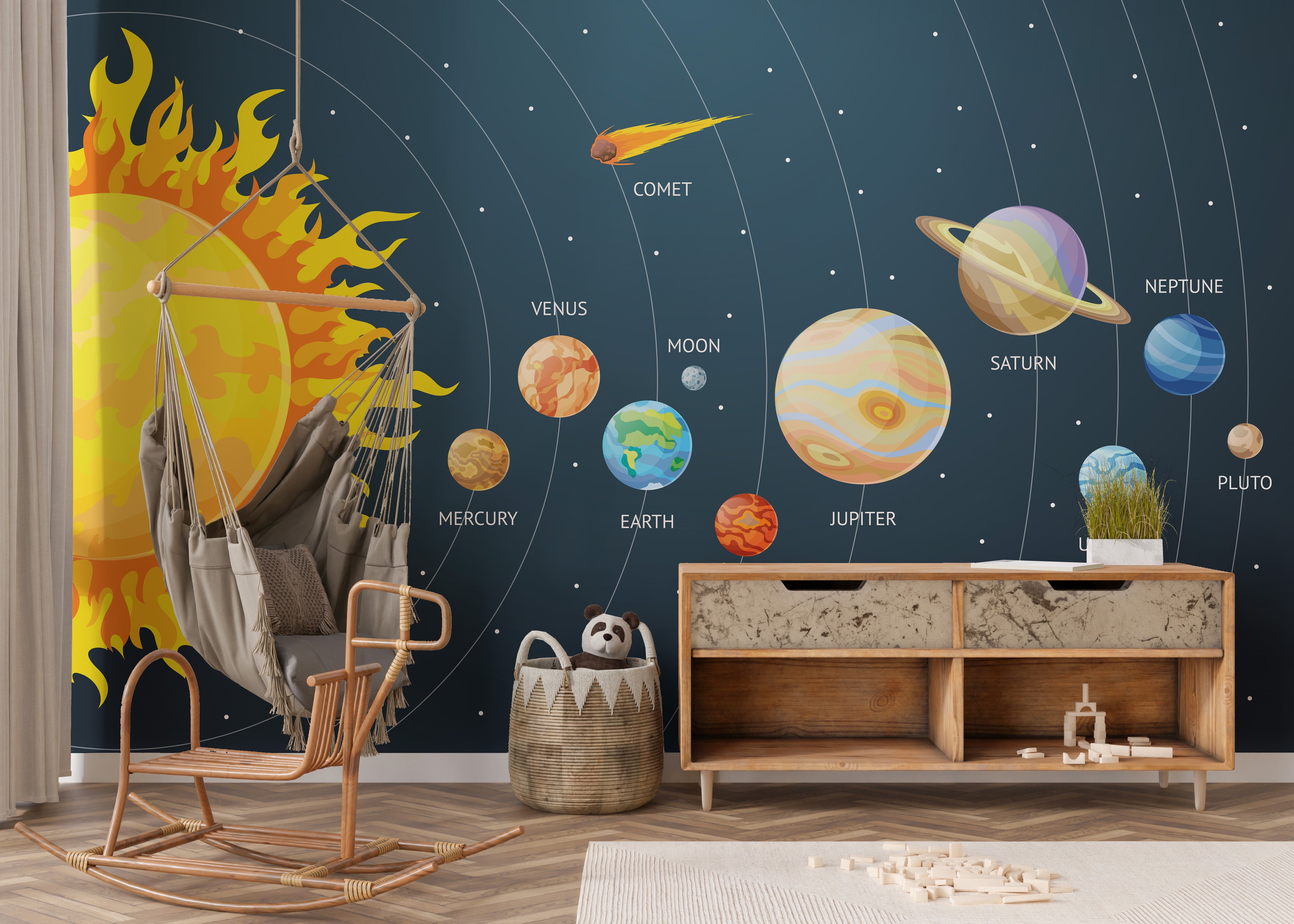 Planets orbit mural in vibrant cartoon style wallpaper