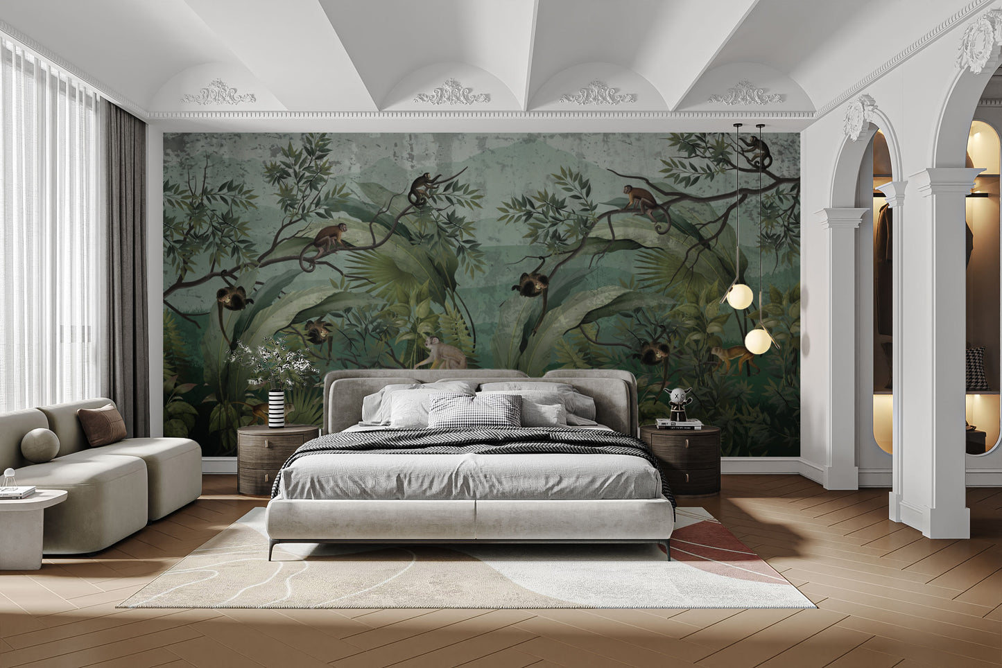 Vintage jungle wall art with tropical foliage and monkeys
