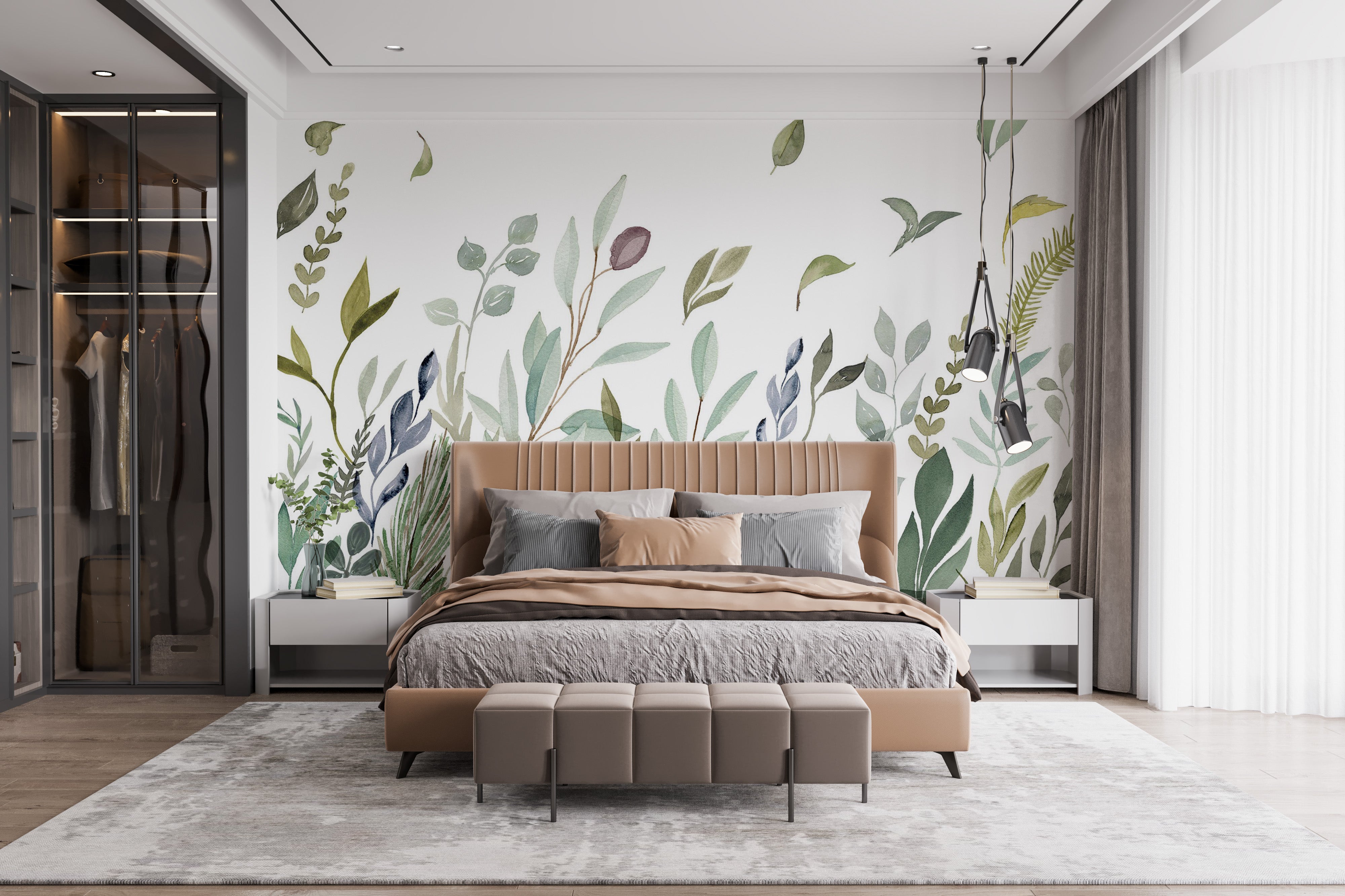 Delicate green leaves mural
