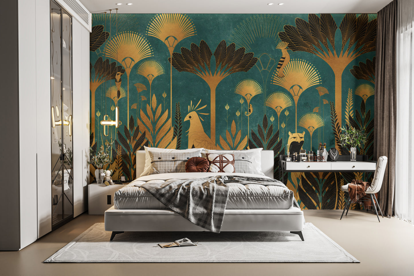 Tropical plants and animals on teal Art Deco jungle wallpaper
