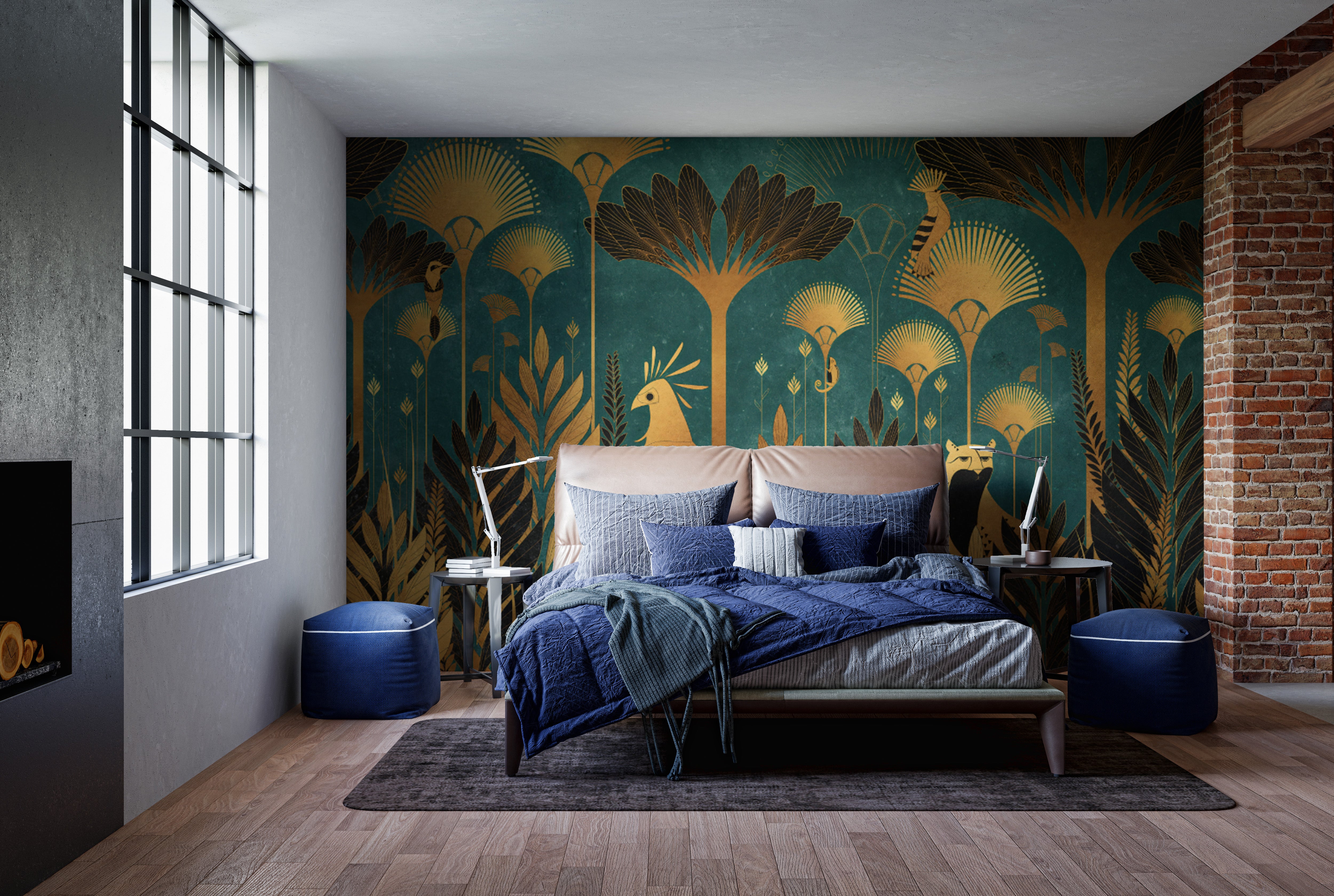 Exotic animals on teal luxurious Art Deco jungle wallpaper
