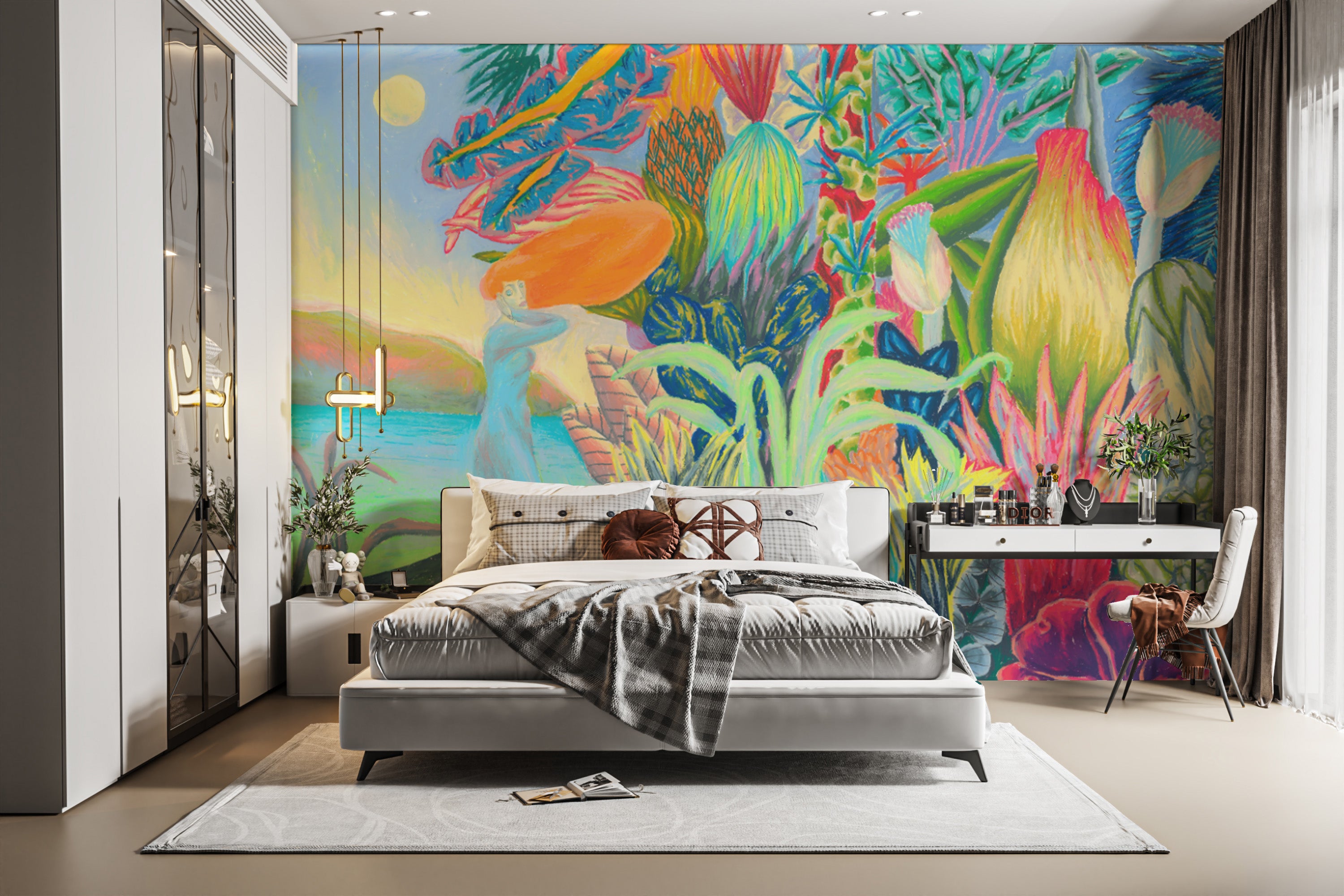 Psychedelic nature painting wallpaper for creative spaces
