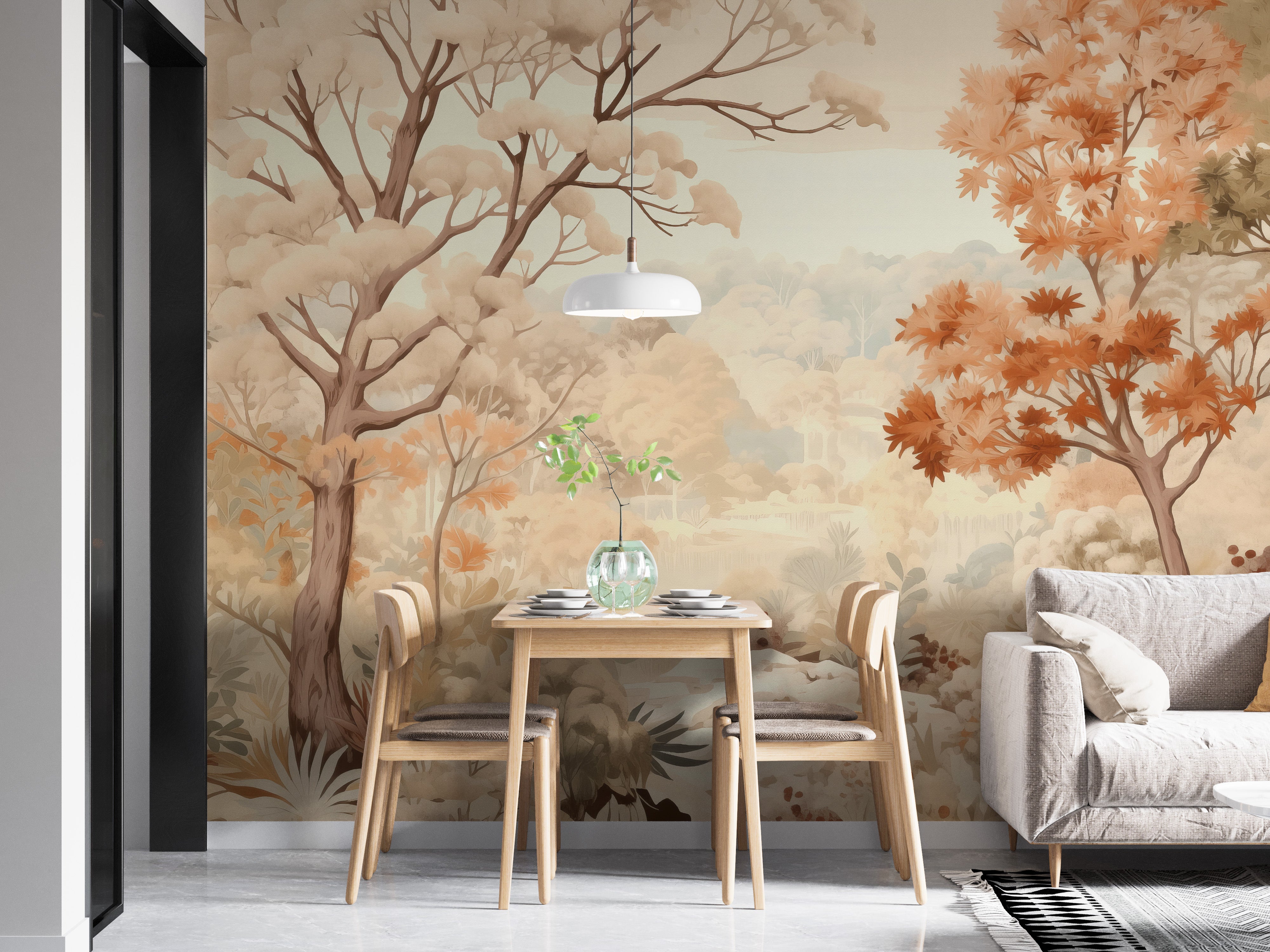 Transform your space with serene forest autumn watercolor beige wallpaper.