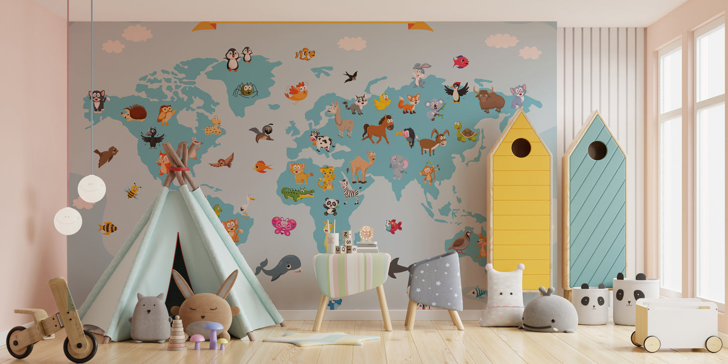 Playful animal world map mural for kids' imaginative spaces.
