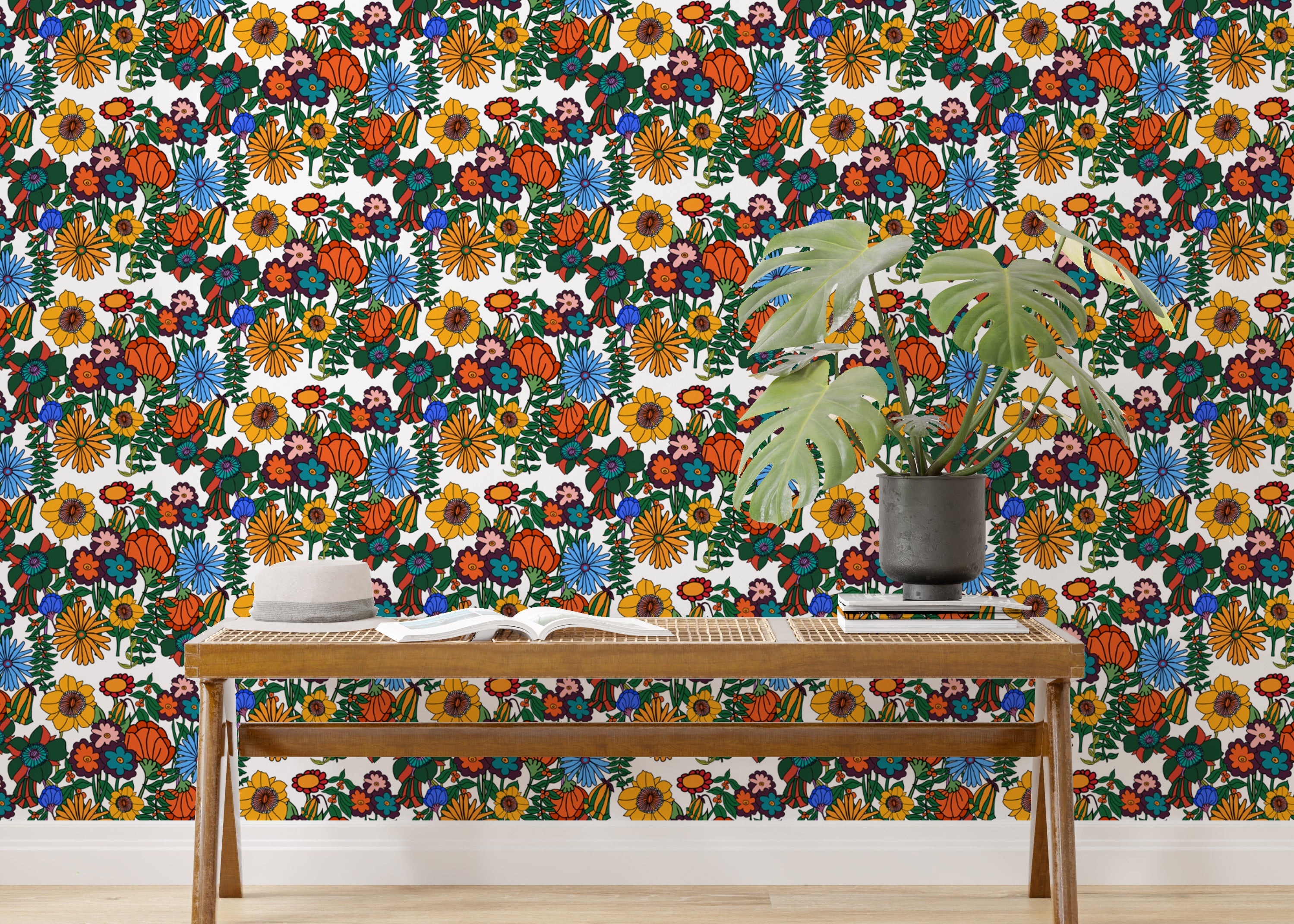 Retro 60s Floral White Background Wallpaper