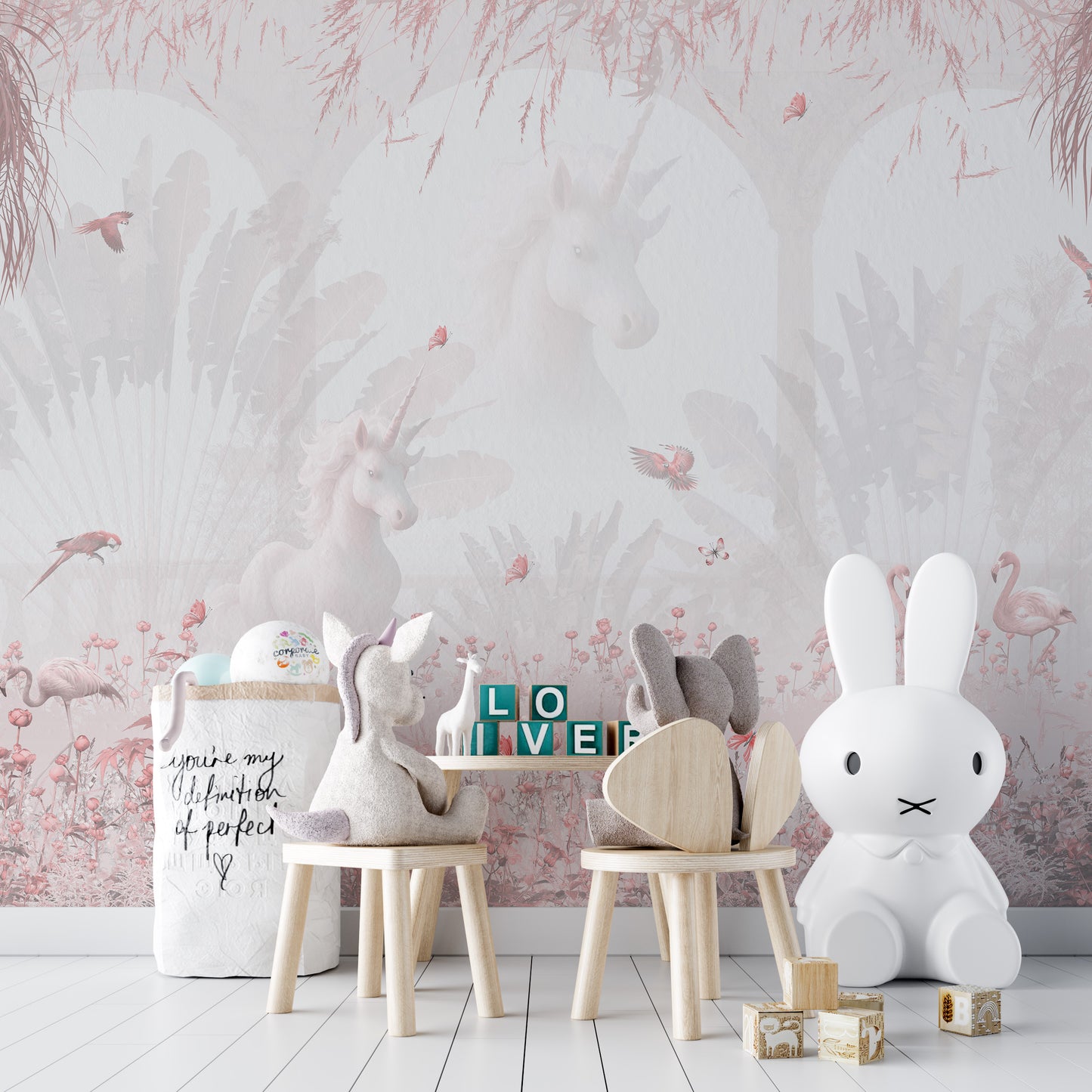 Pink fantasy nursery walls with Serenity Blush Forest wallpaper