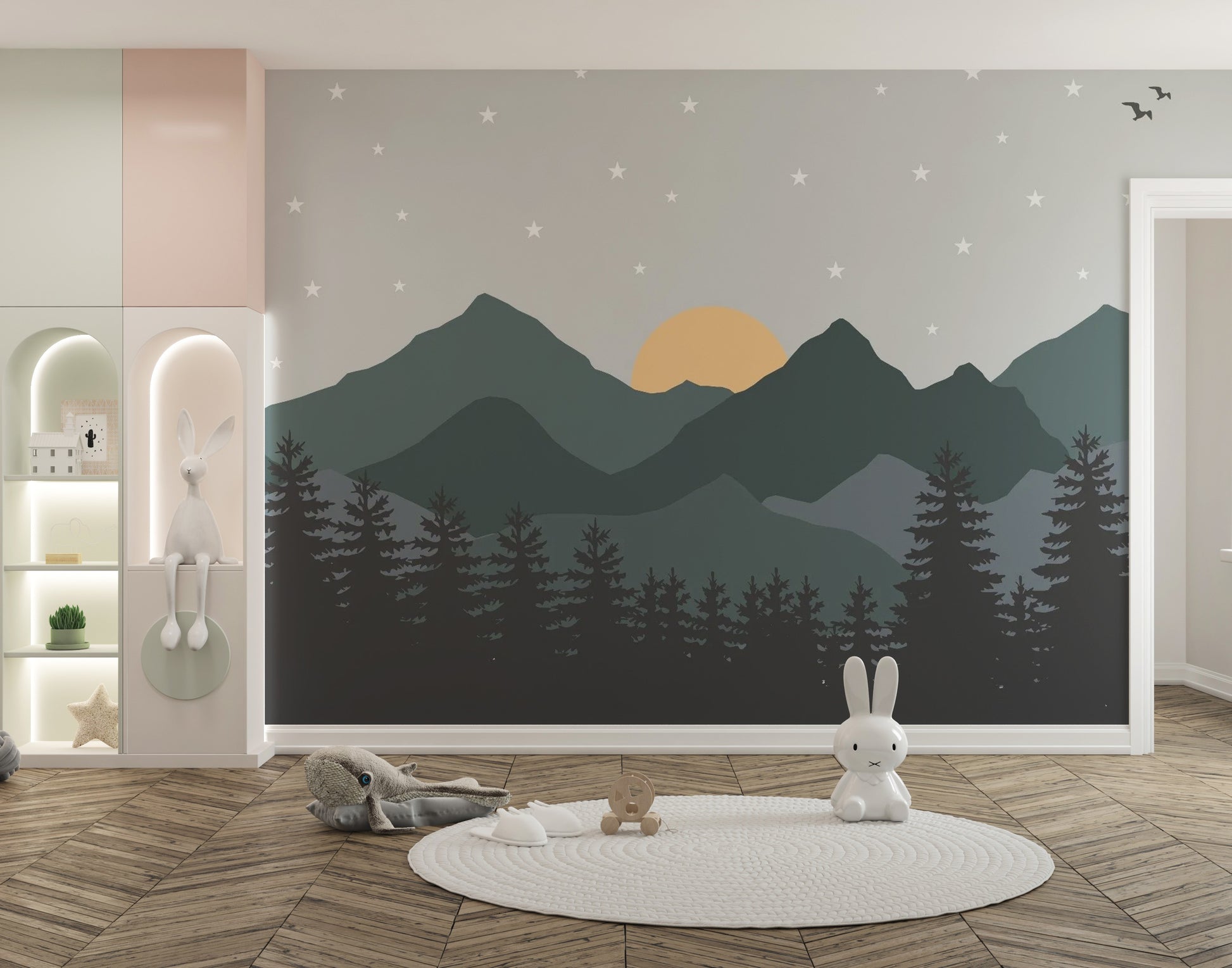 Starry night kids wallpaper with mountains
