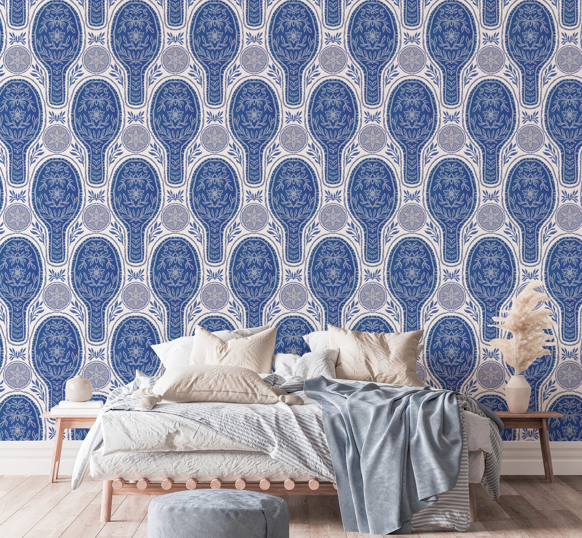 Artistic blue floral rockets mural for modern, dynamic spaces.

