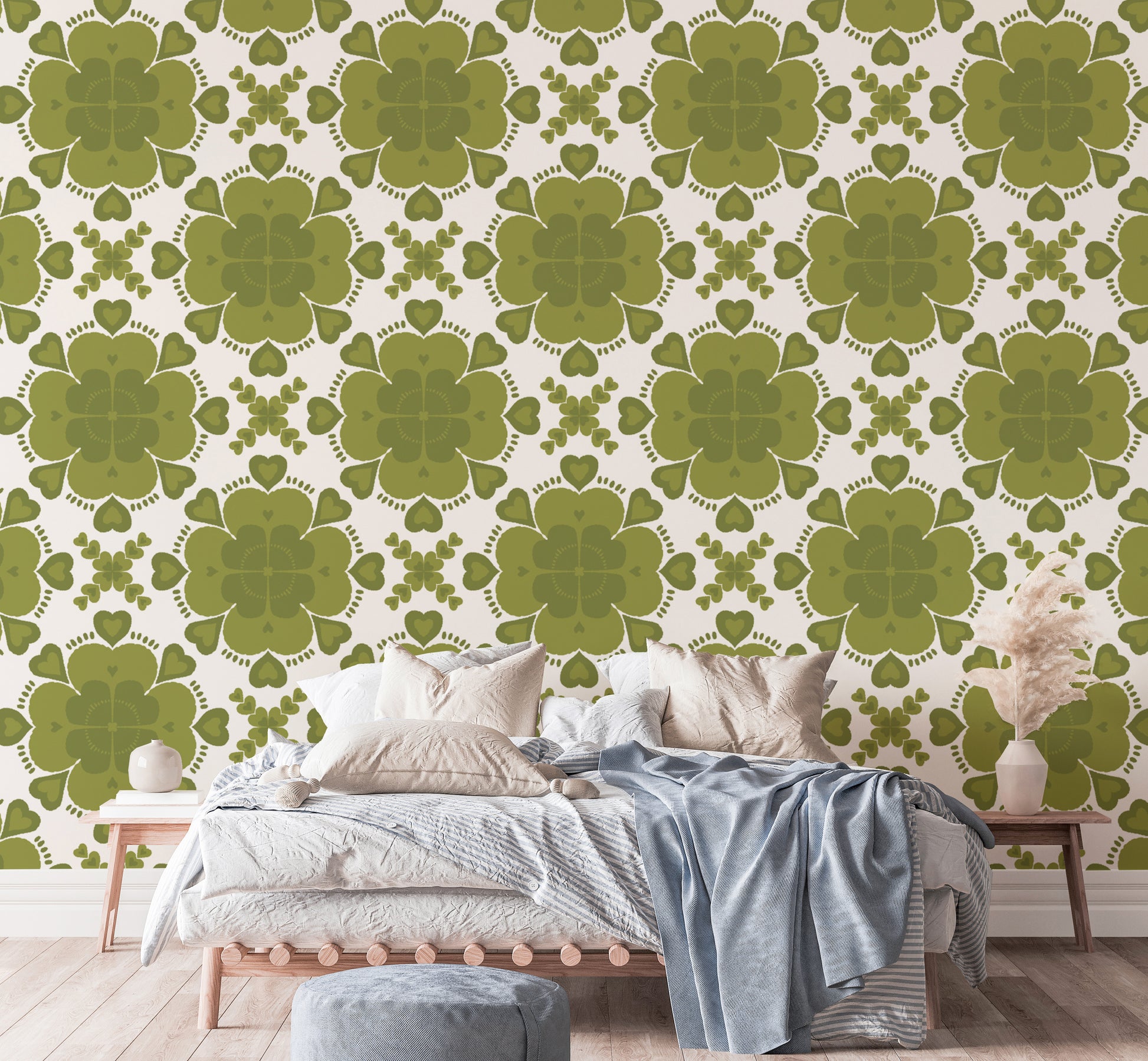 Charming green clover wallpaper for playful and cozy spaces.
