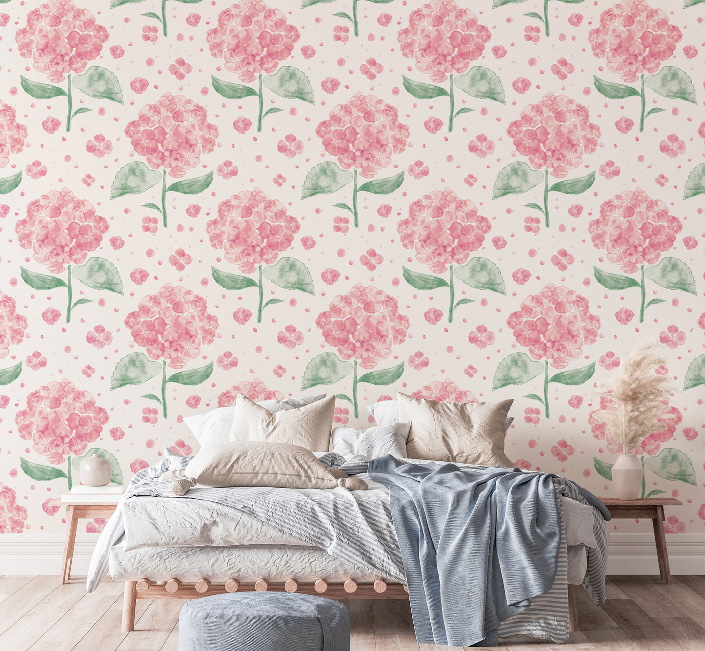 Elegant pink hydrangea in the air wallpaper for charming interiors.
