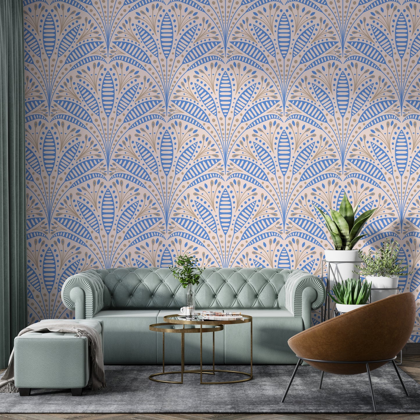 Elegant Art Deco blue palm wallpaper with a luxurious design.
