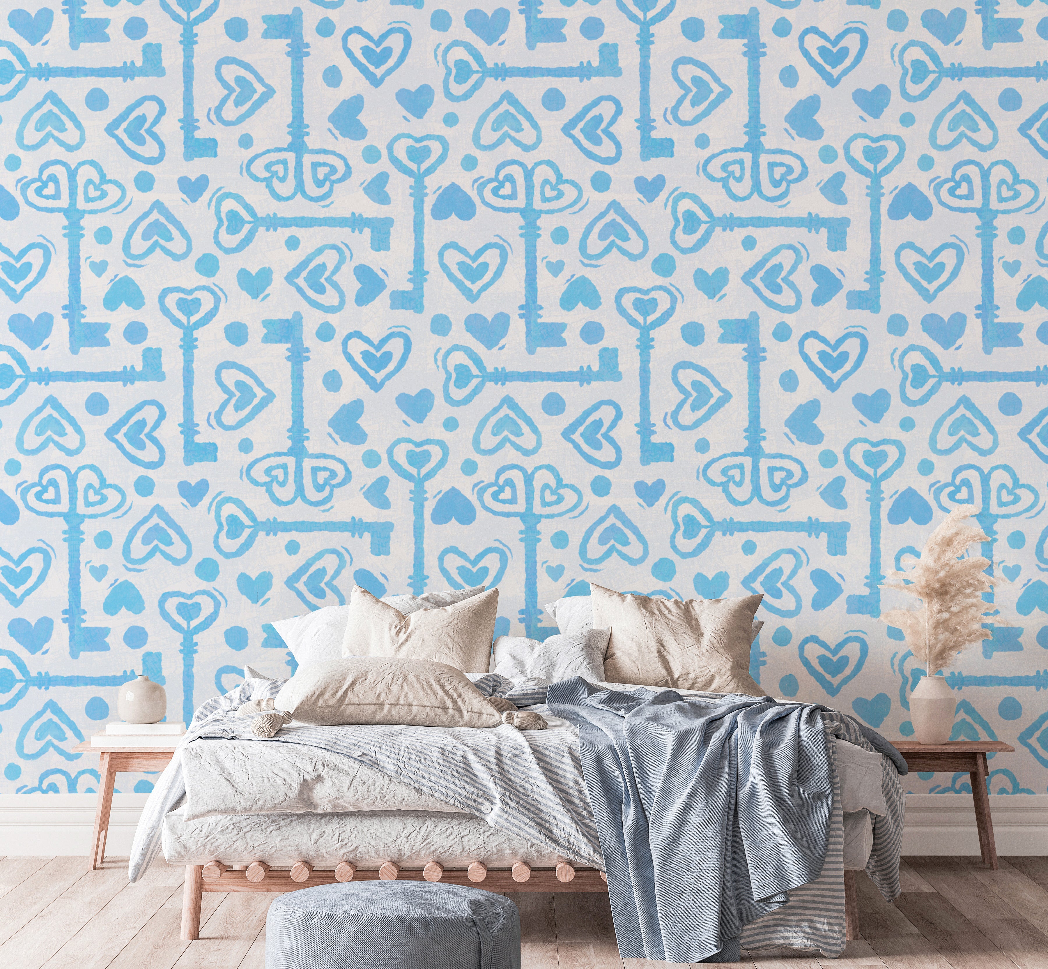 White wallpaper with blue keys and hearts
