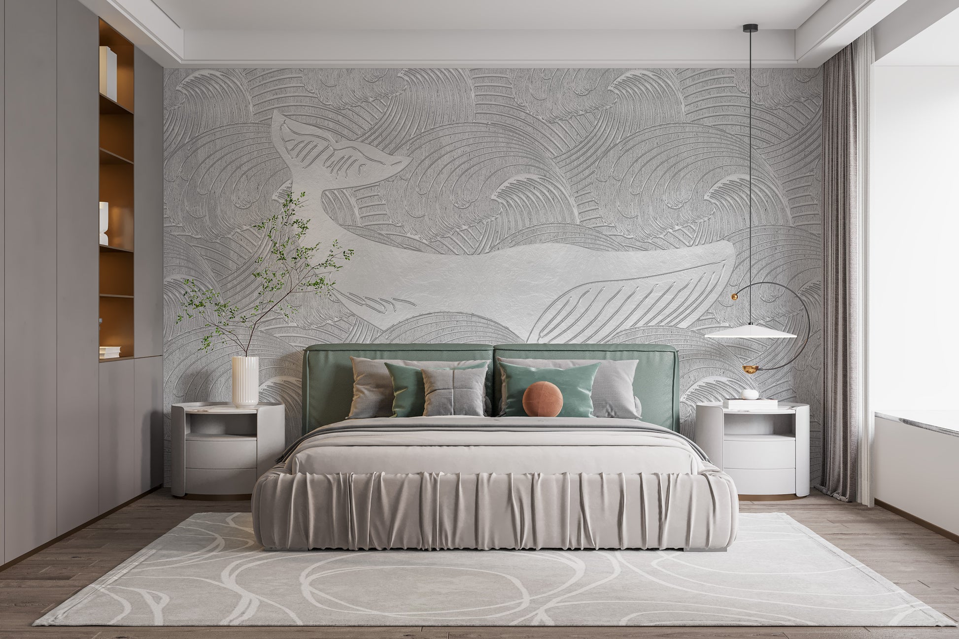 Kids wallpaper featuring a handmade silver whale design