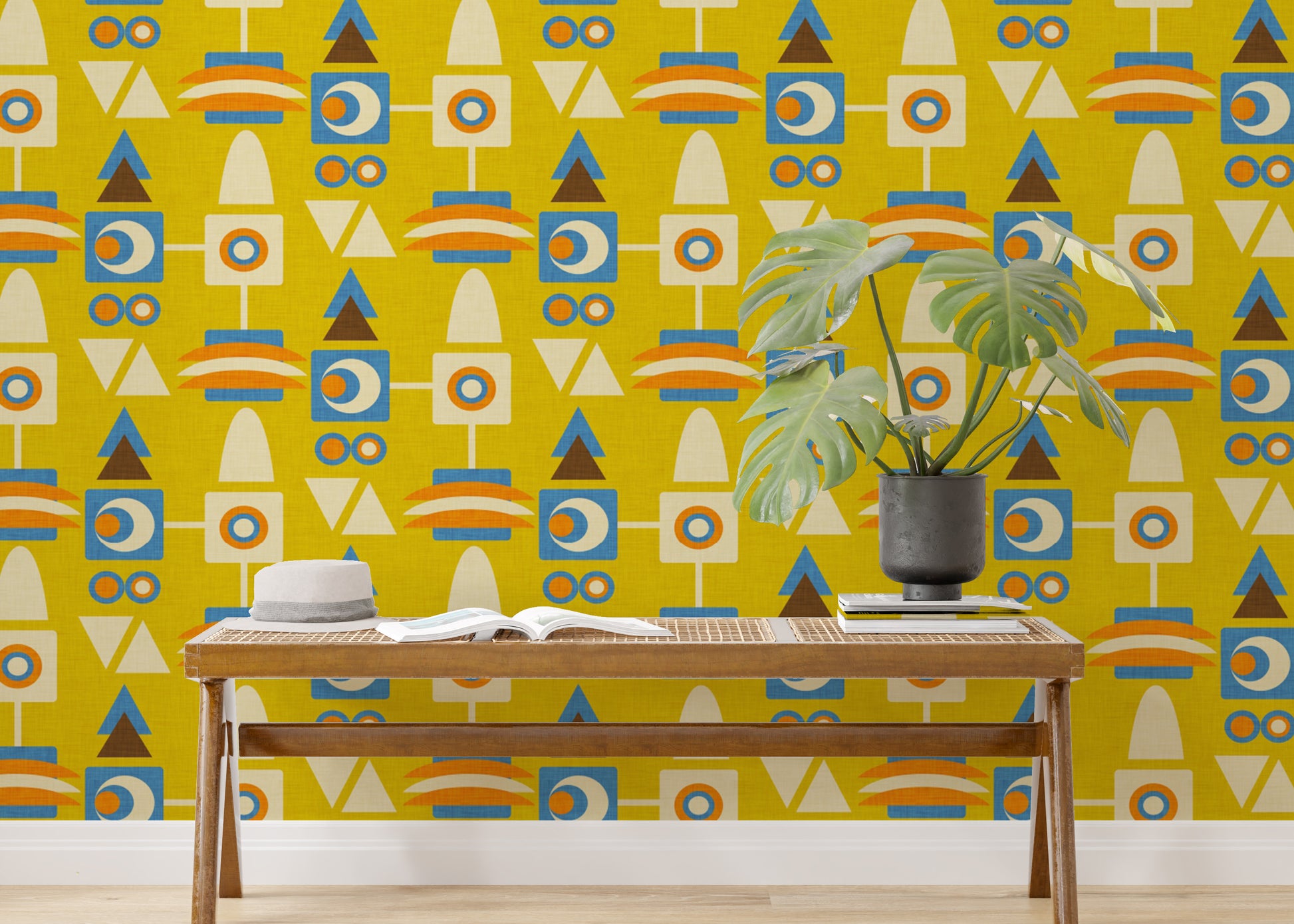 Bright geometric murals with vintage avocado tones
