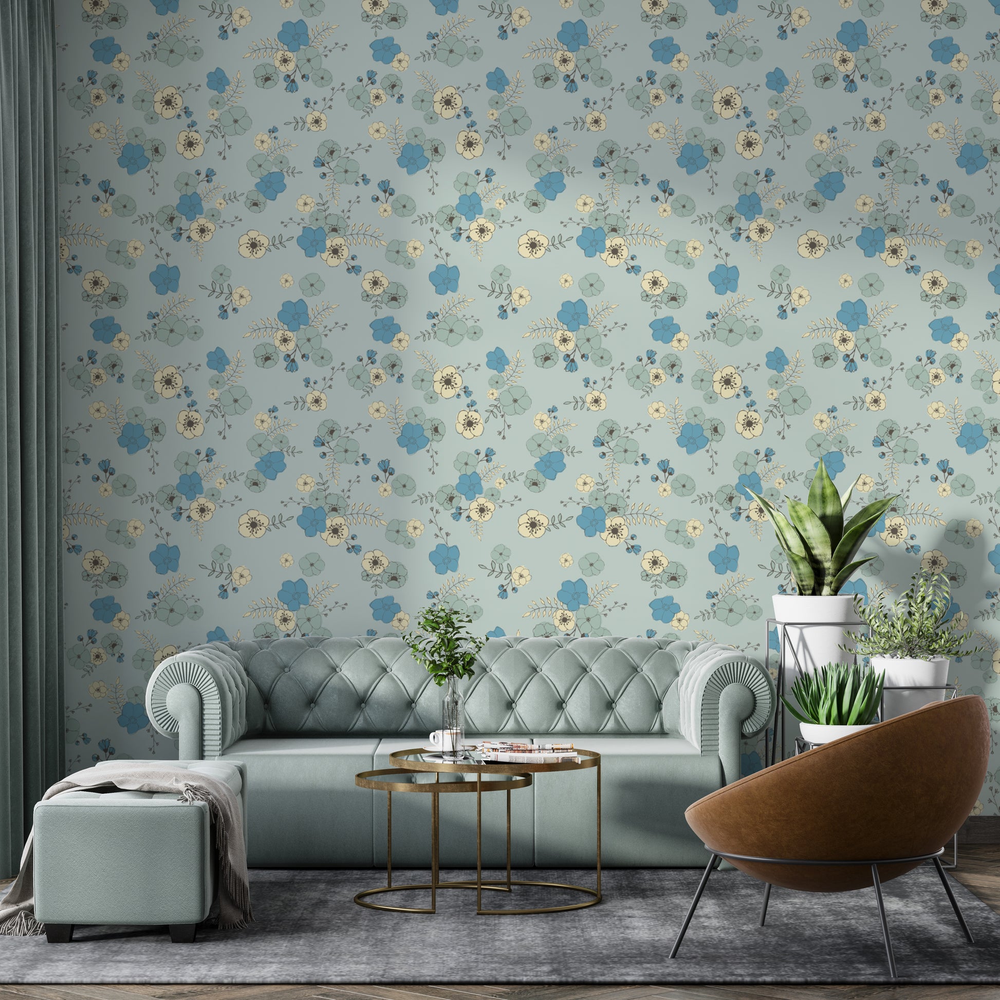 Minimalist pastel blue wallpaper with delicate bloom details.
