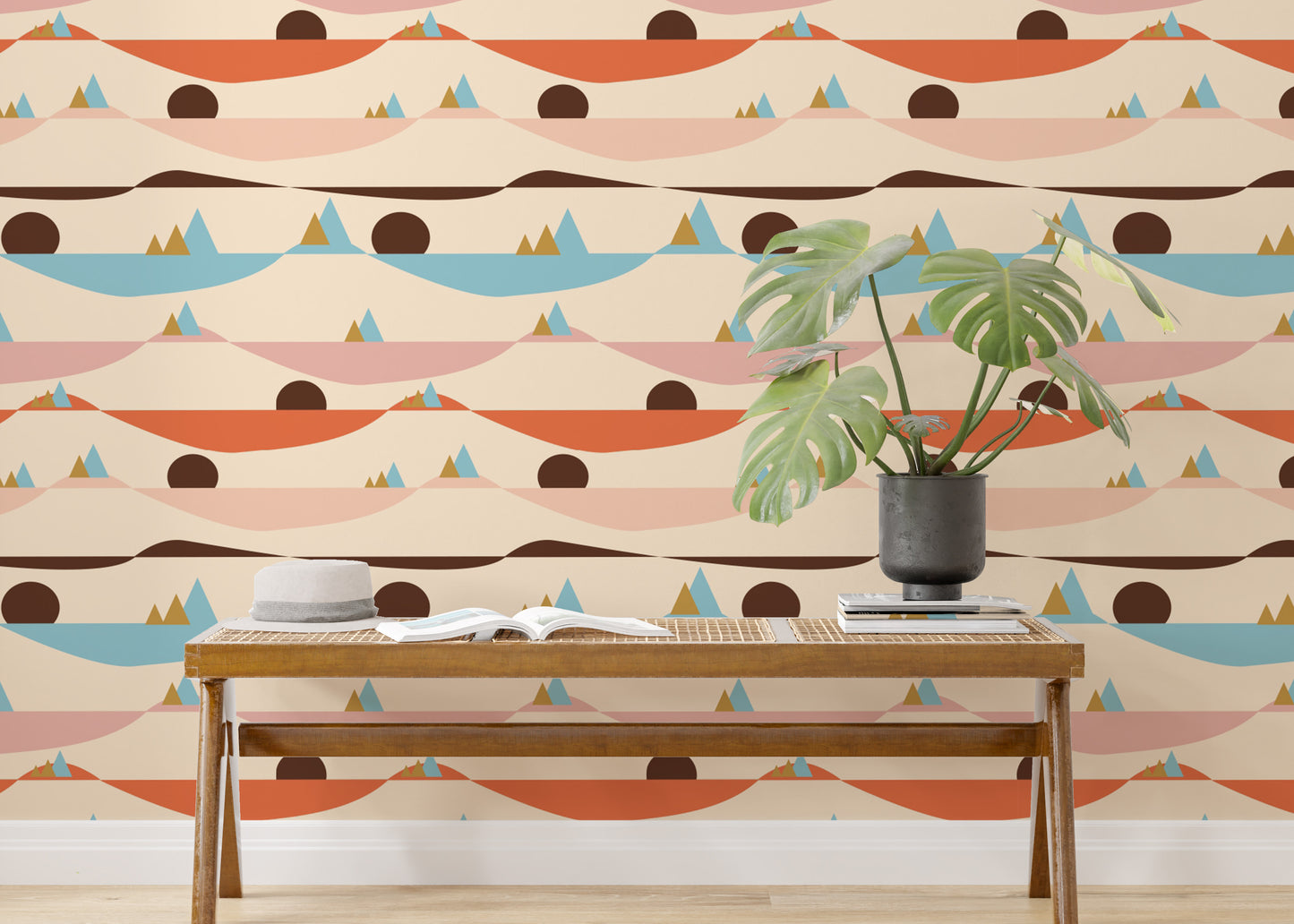 Colorful minimalist mural with abstract hills
