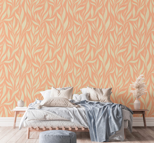 Soft peach wallpaper with white leaf design for bedroom
