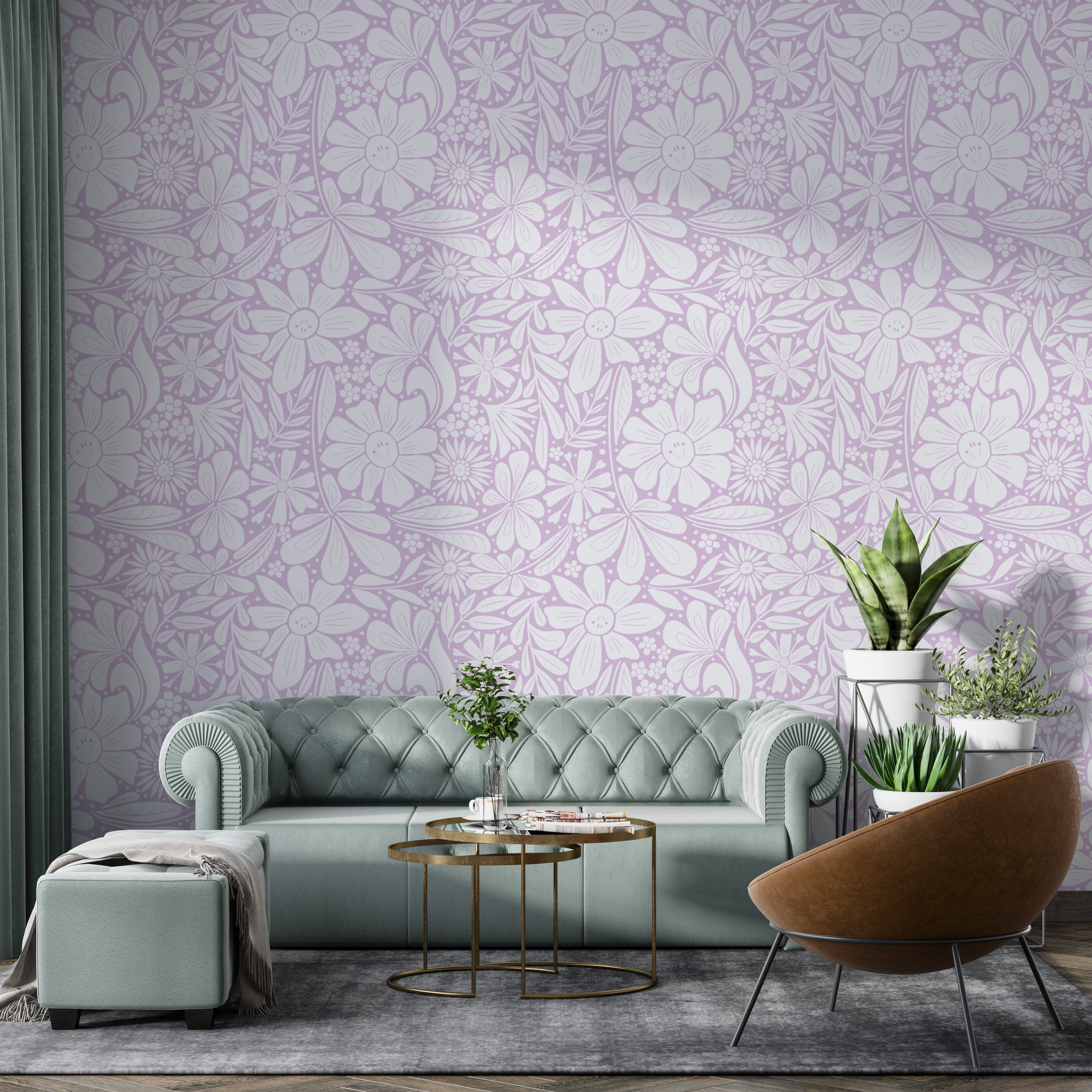 Beautiful lilac wallpaper with intricate happy blooms patterns.
