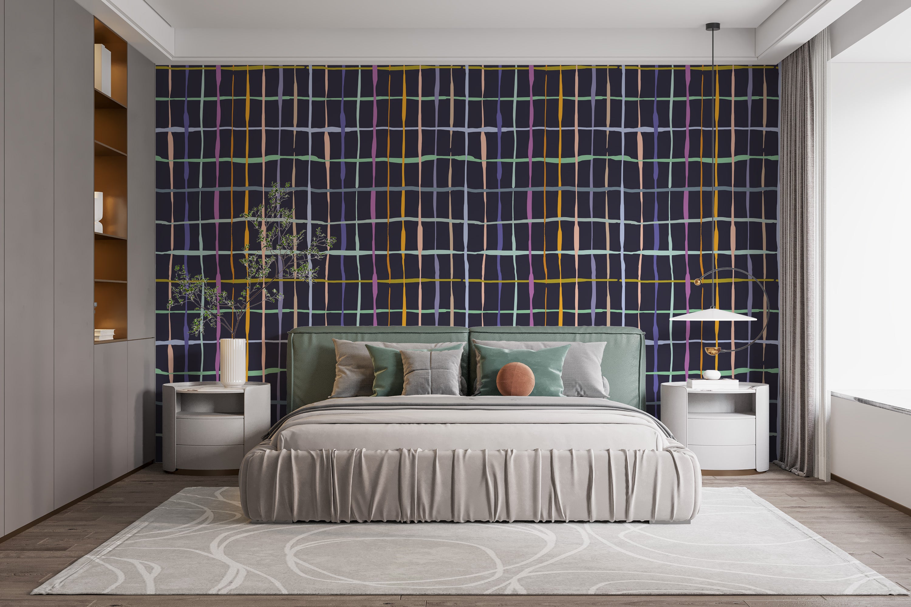 Modern wallpaper with colourful, striking handdrawn lines
