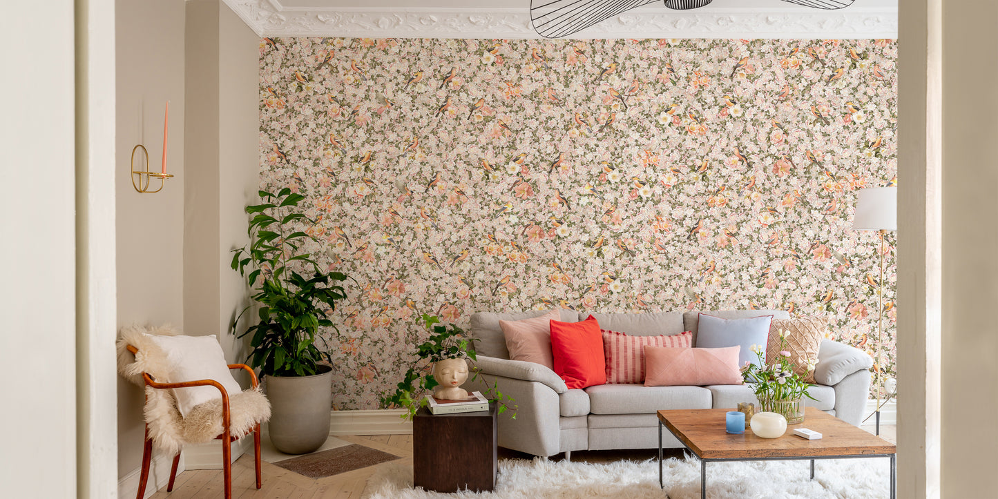 Birds and Florals Orange Color Wallpaper Mural