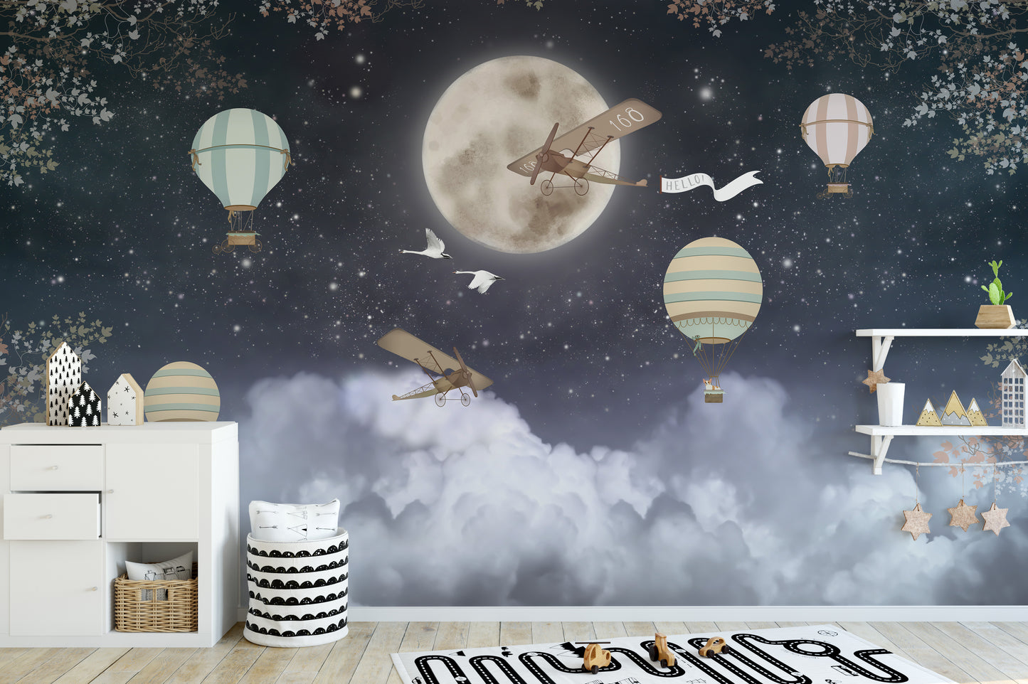 Vibrant stars and hot air balloons wall mural
