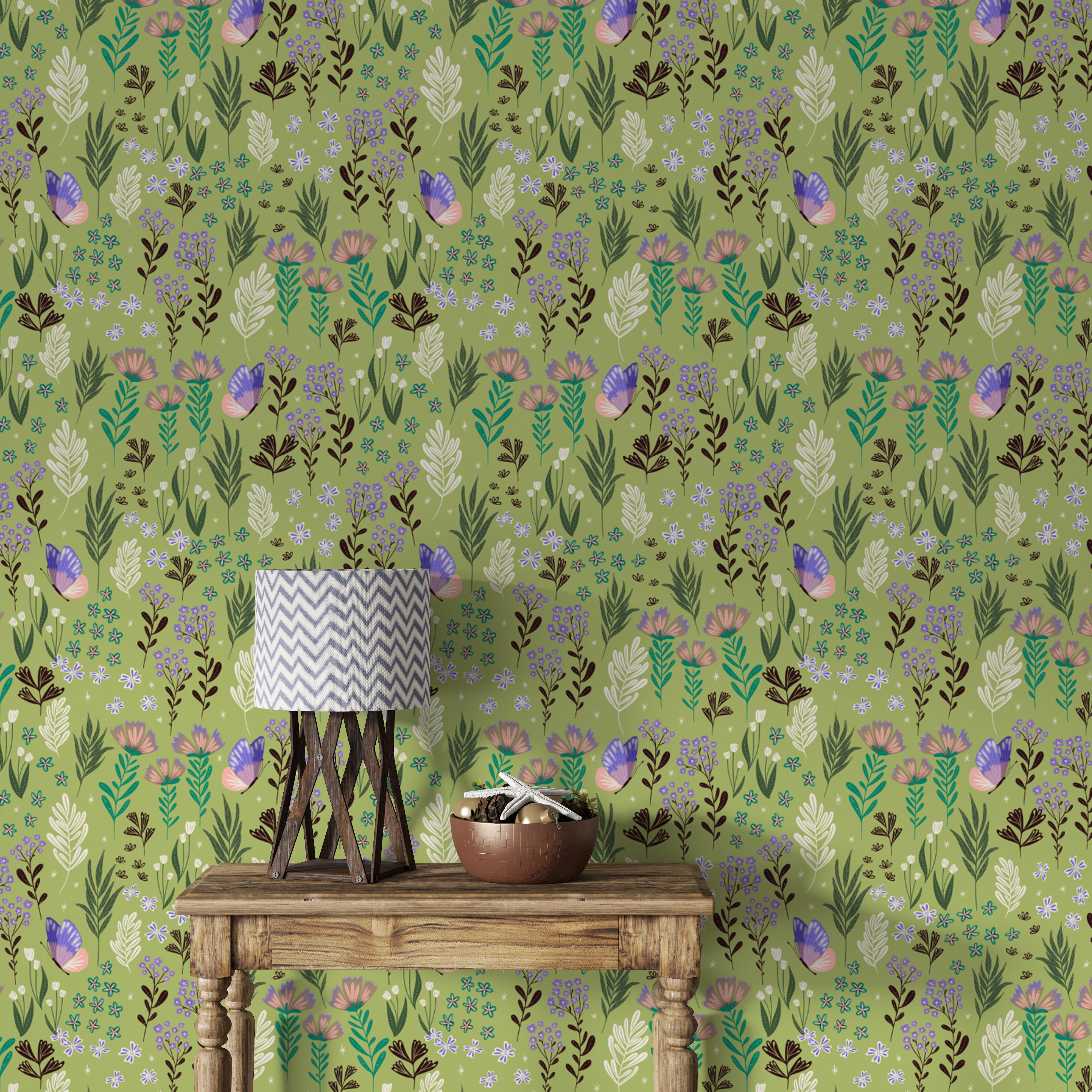 Artistic green wallpaper with a butterfly meadow design.
