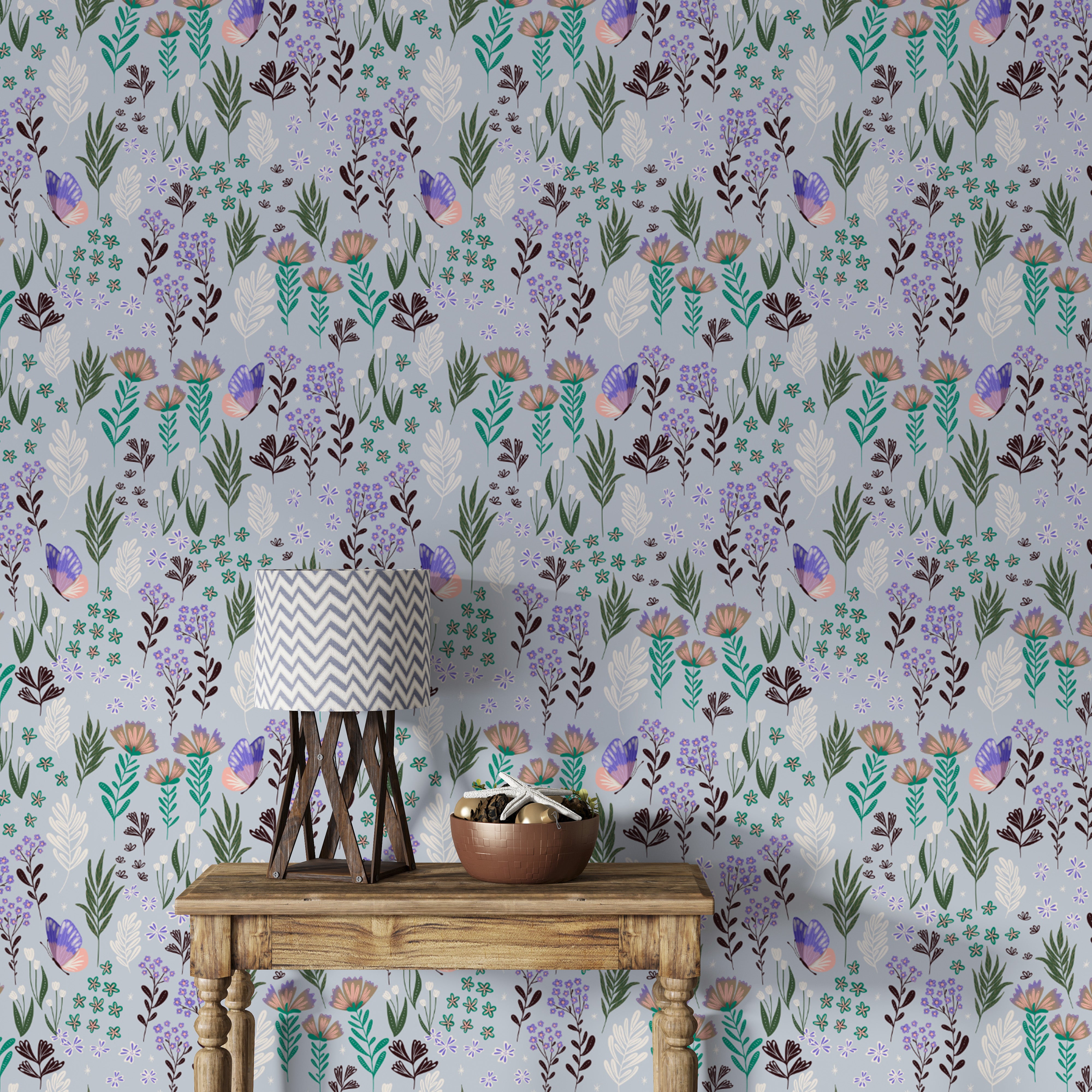 Sophisticated purple wallpaper with intricate butterfly meadow patterns.