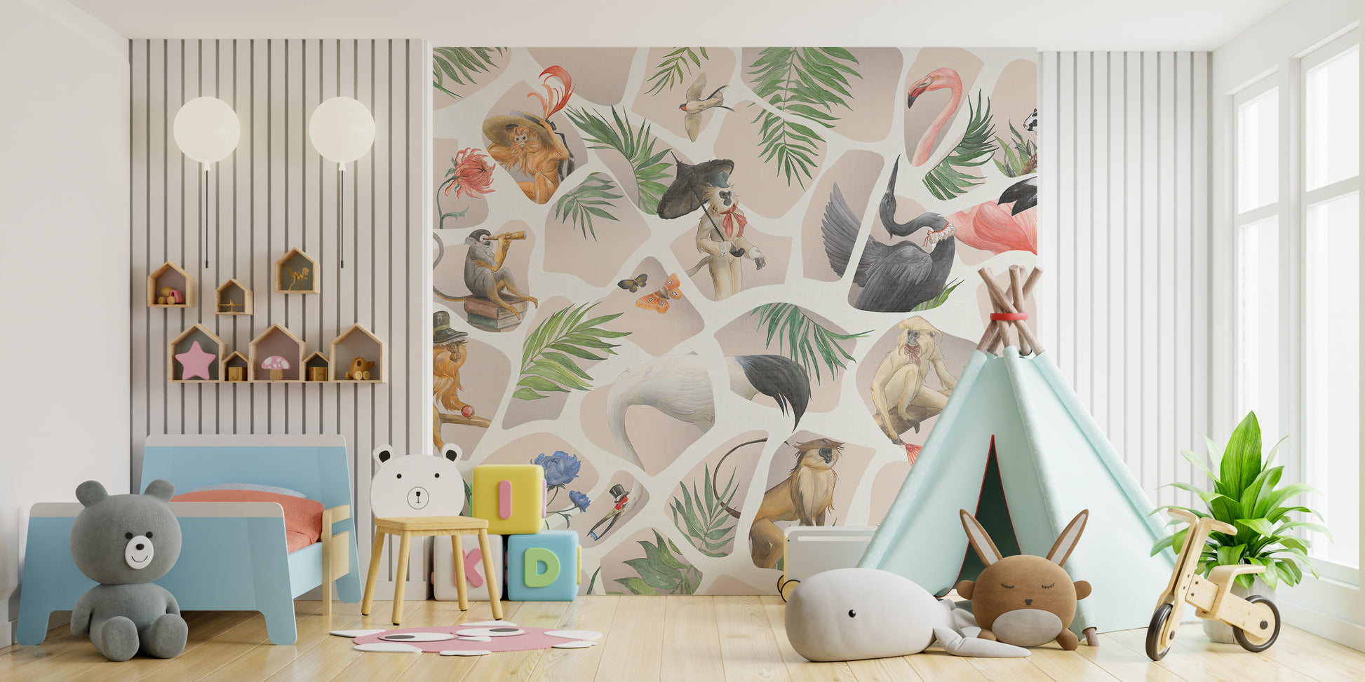 Watercolor pink monkey and birds mural for serene interiors.
