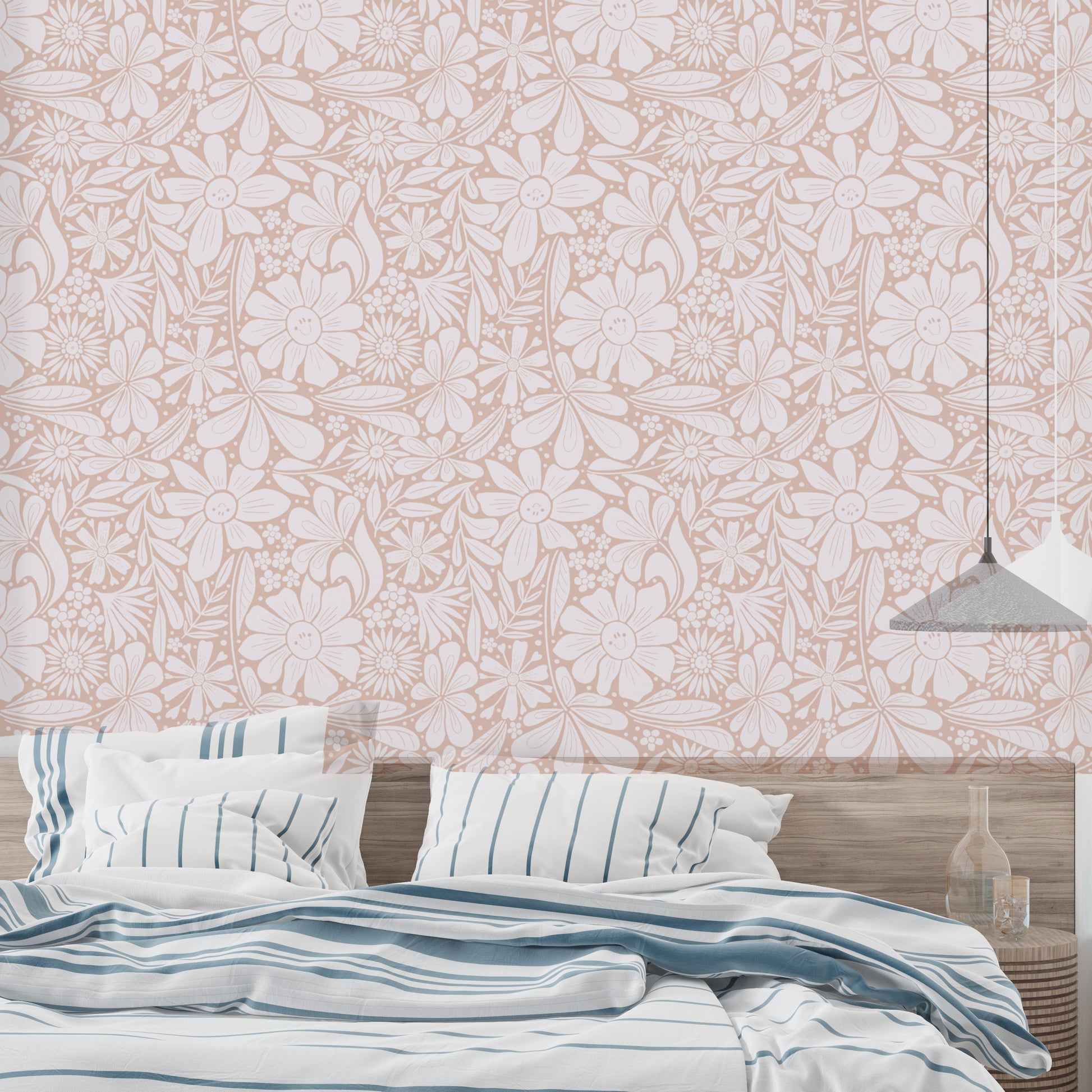 Cheerful pastel pink wallpaper featuring charming happy blooms.
