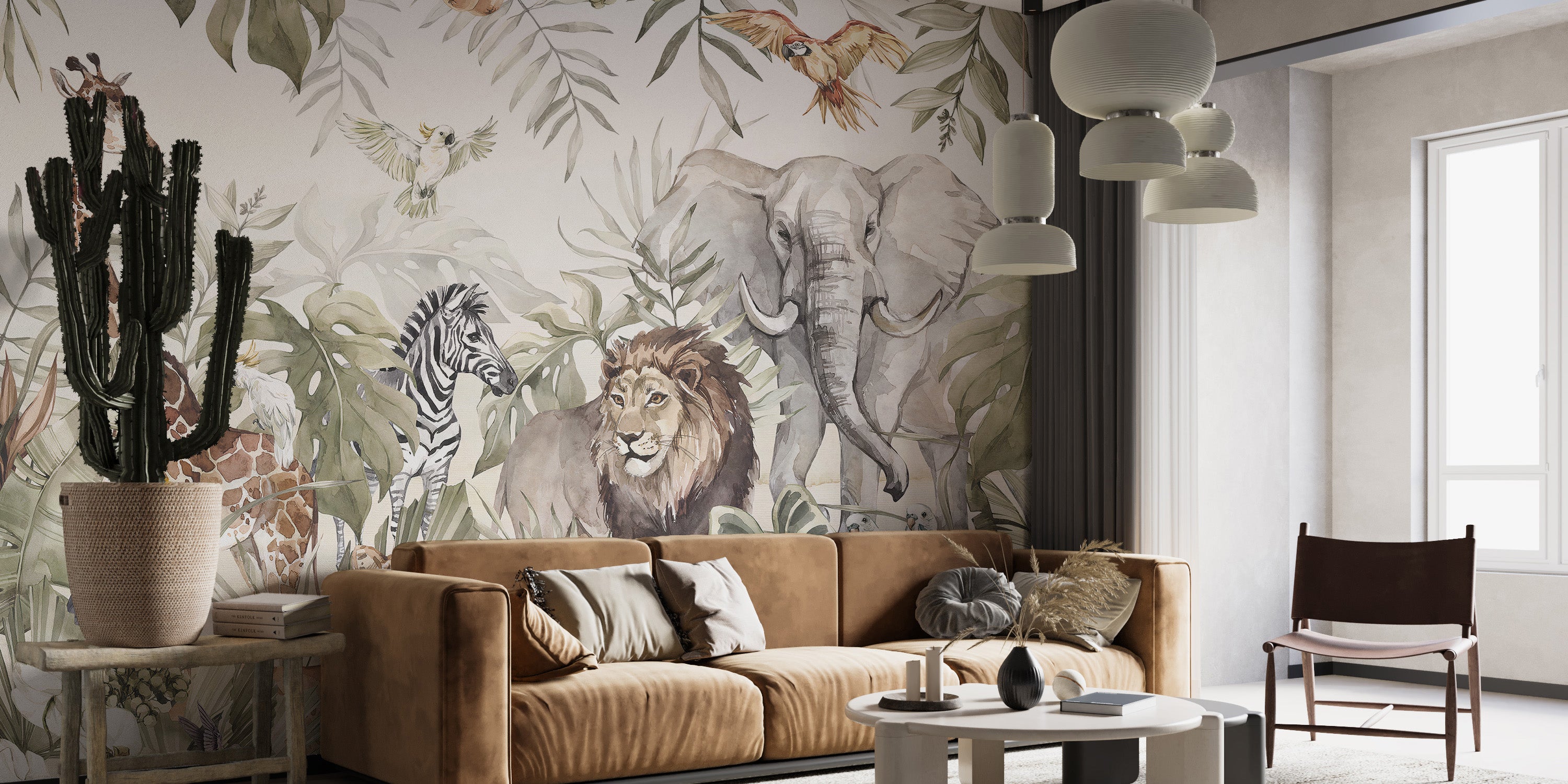 Watercolor Jungle Animals in Forest Wallpaper for Nursery
