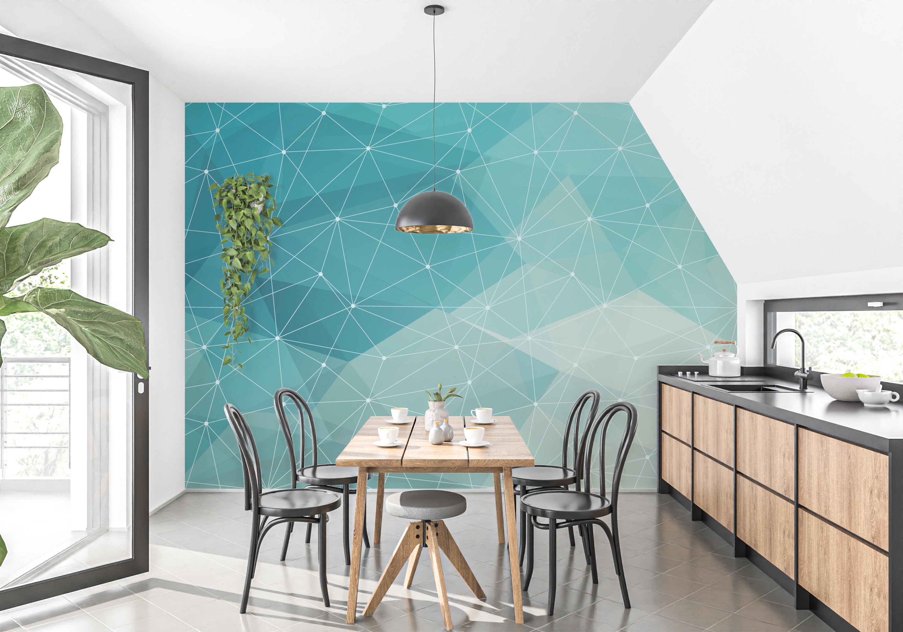 Geometric blue and white wallpaper pattern.