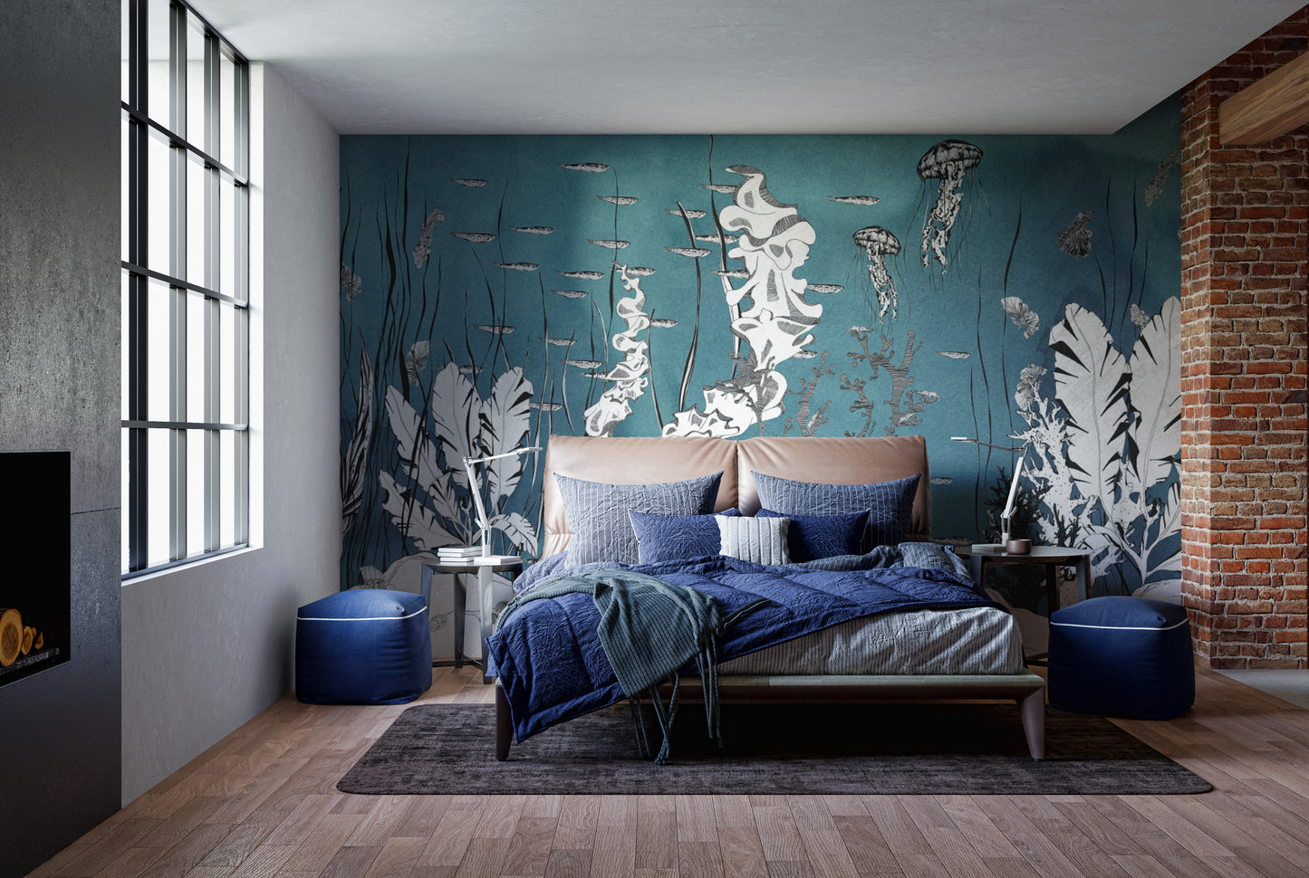 Hand-drawn underwater wallpaper mural with coral
