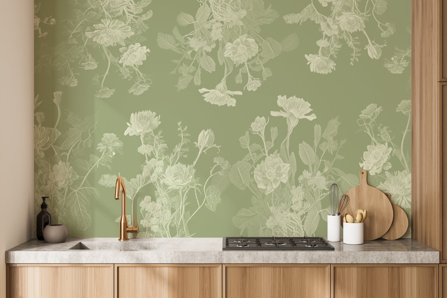 Green Floral Wallpaper Mural - Giffywalls