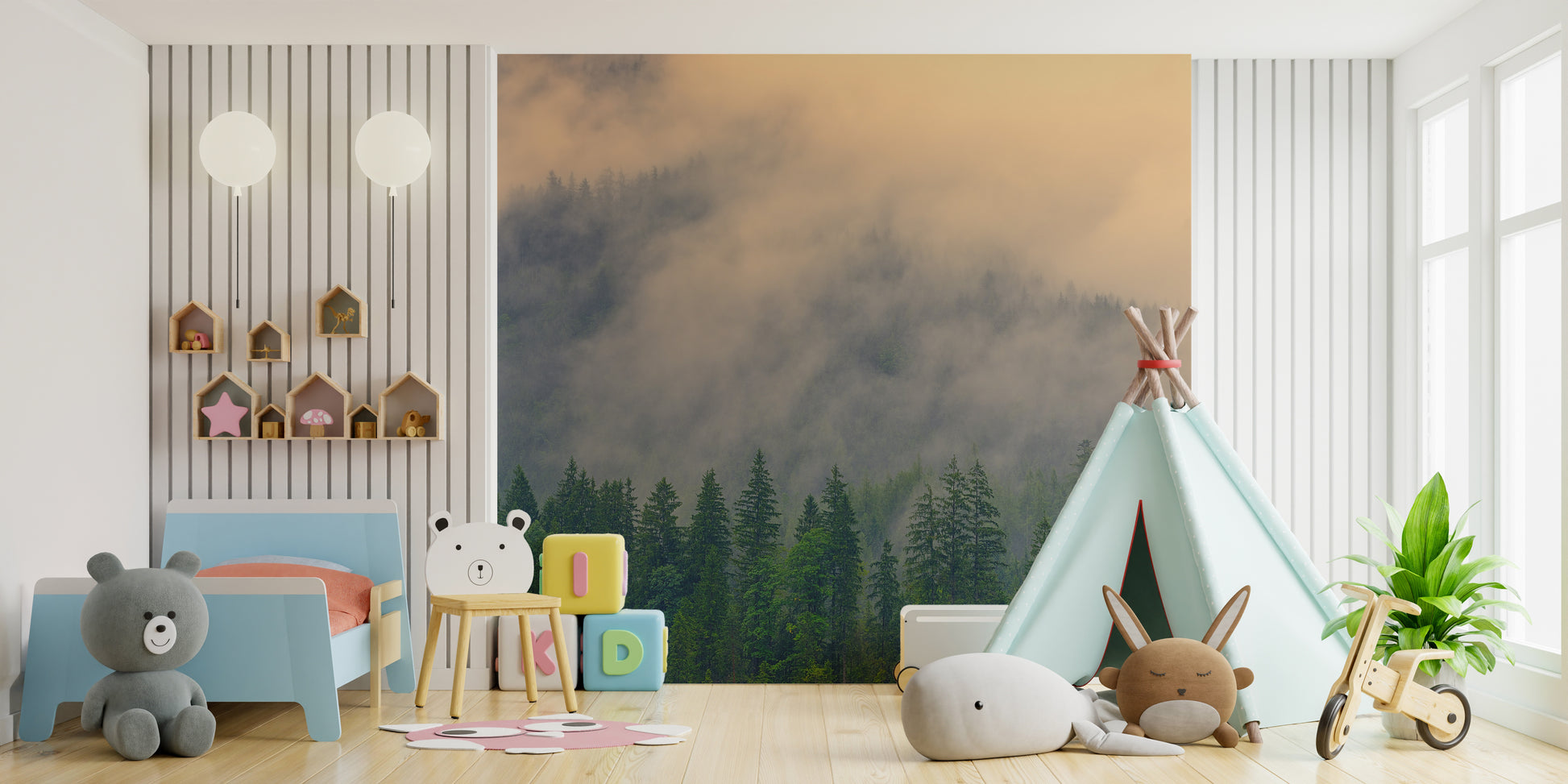 Mystical wallpaper mural featuring foggy pine trees.
