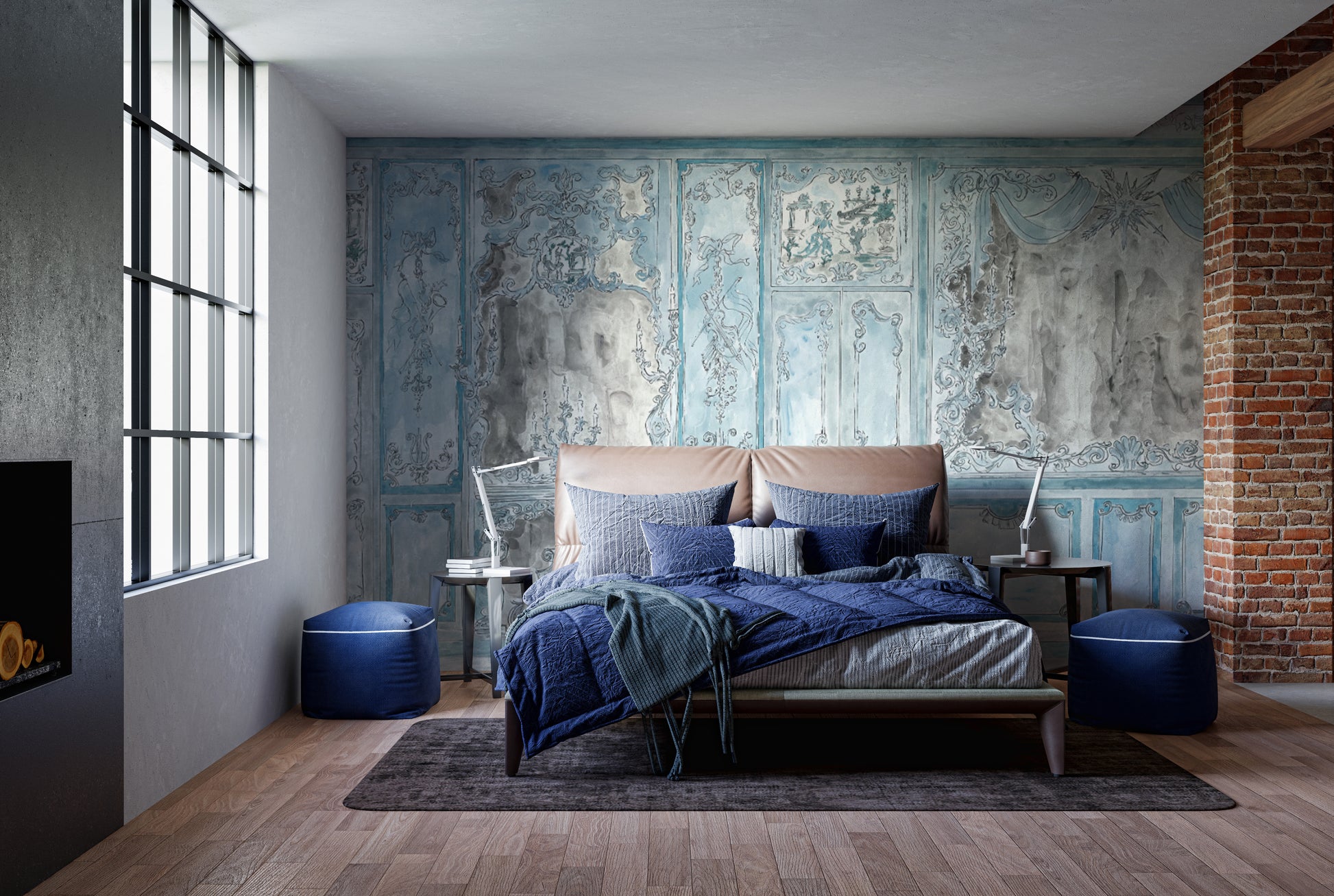 Versailles-inspired blue wall mural with floral accents
