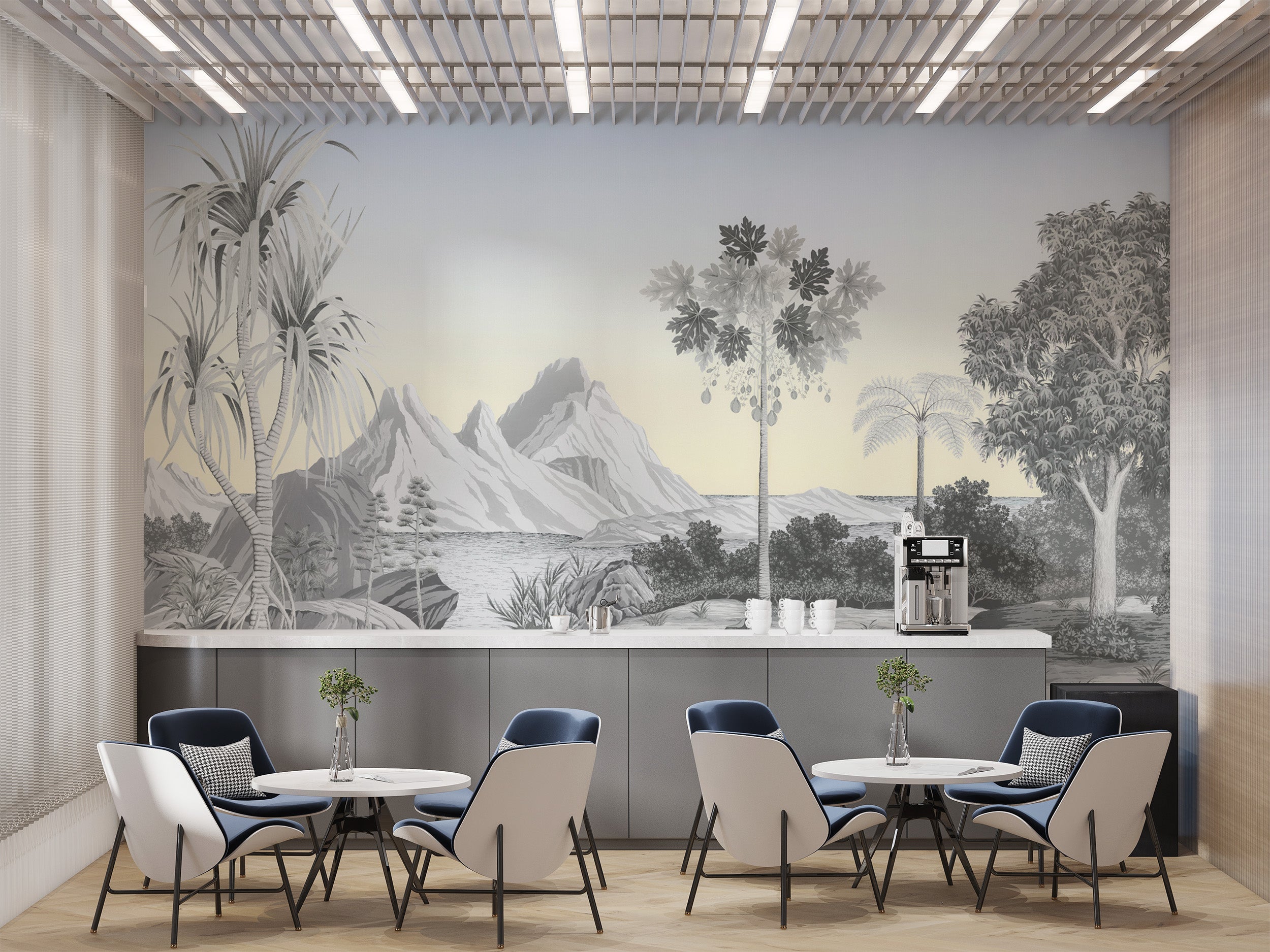 Hand-drawn botanical mural with a serene nature-inspired look
