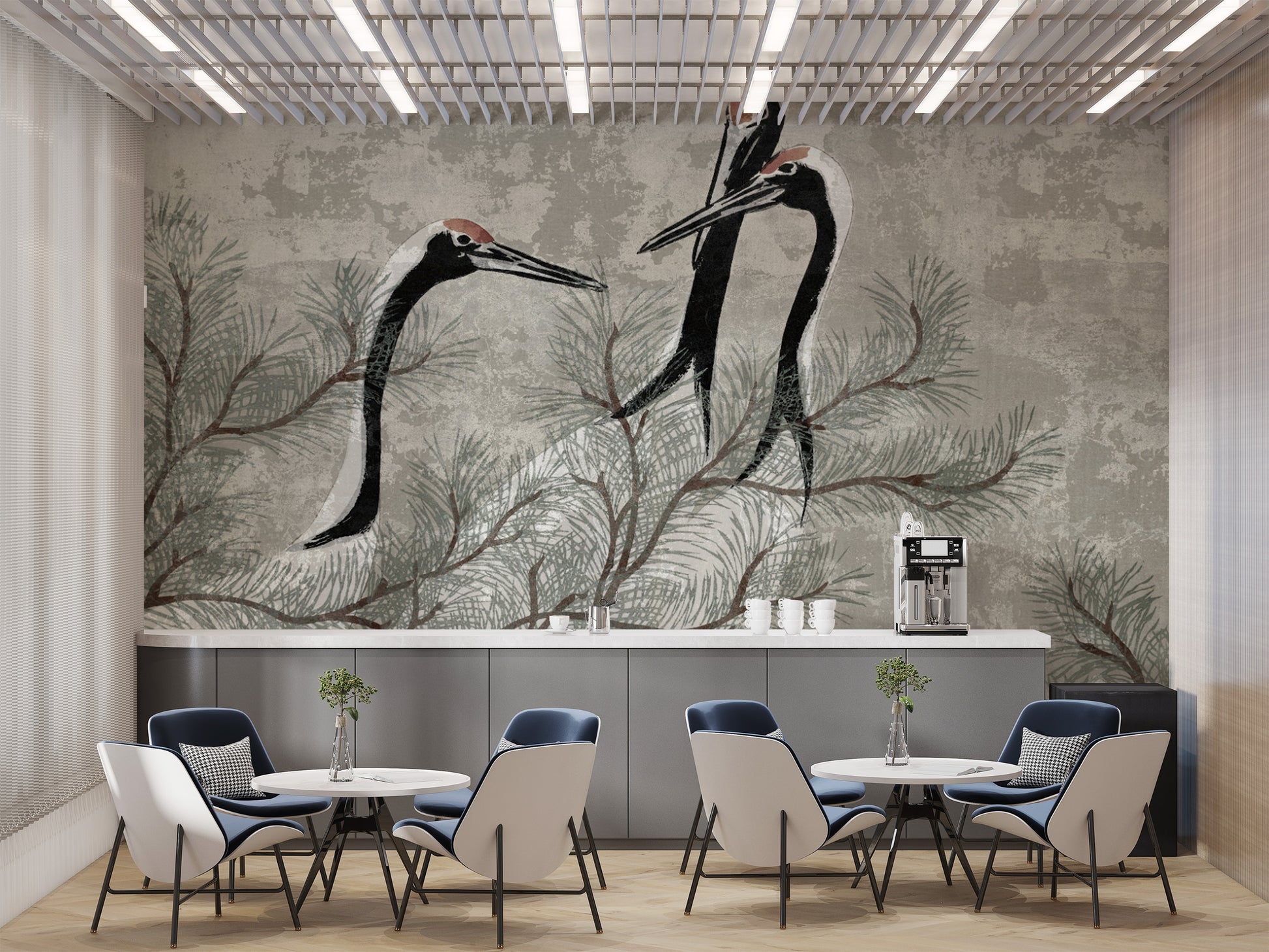 Vintage Japanese Crane and Pine Tree Wallpaper
