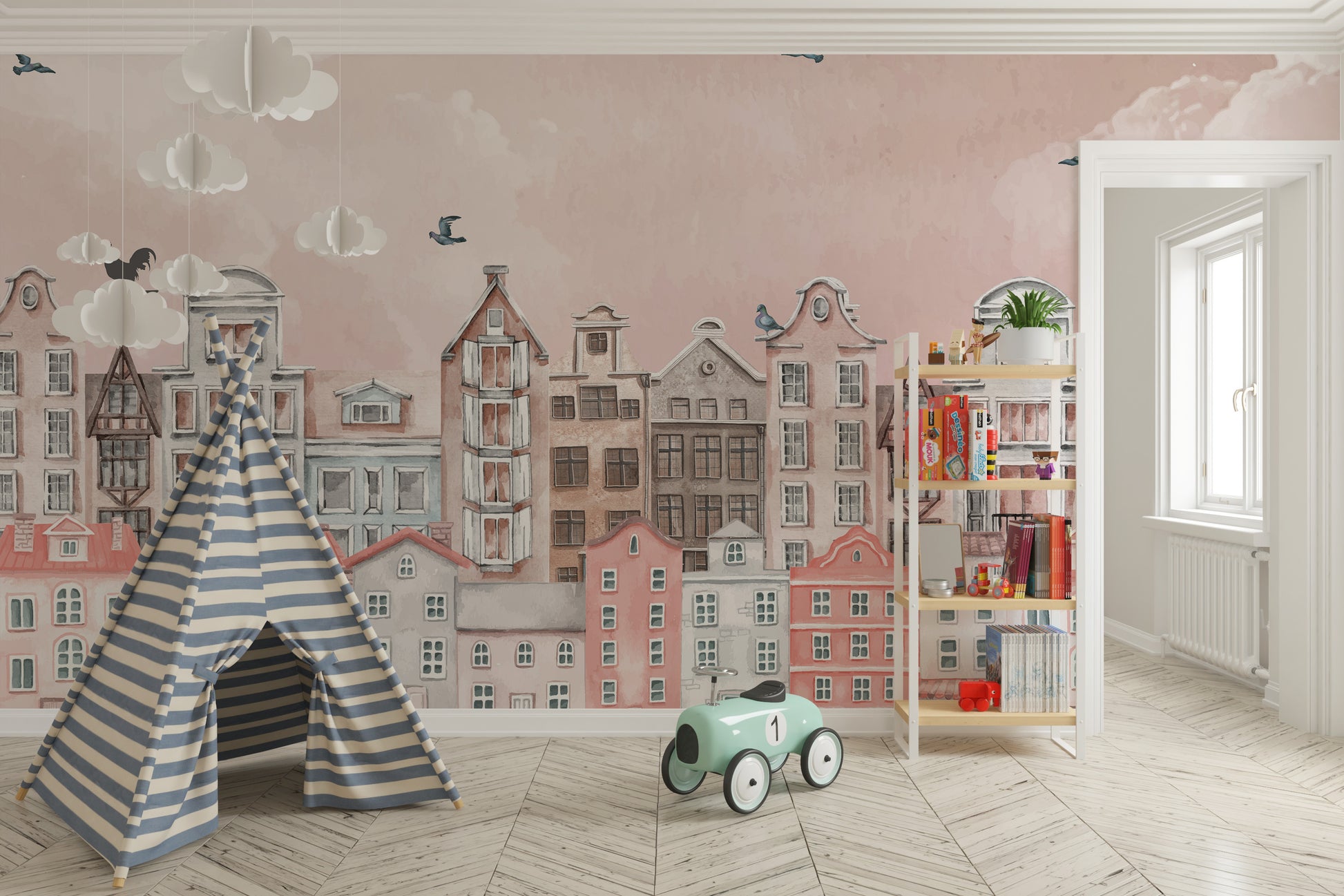 Sunset blush town kids room mural wallpaper
