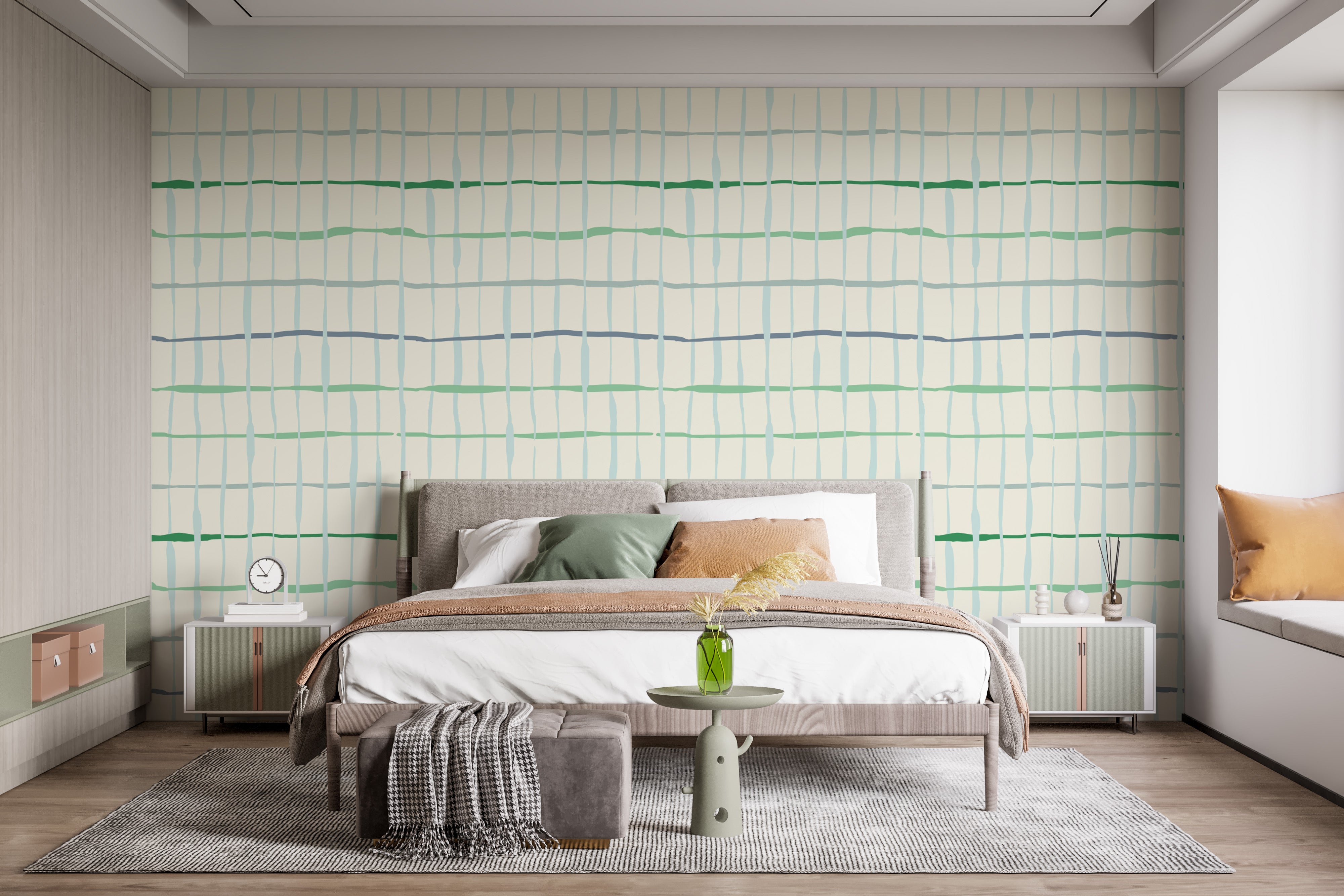 Stylish light green wallpaper featuring artistic linework