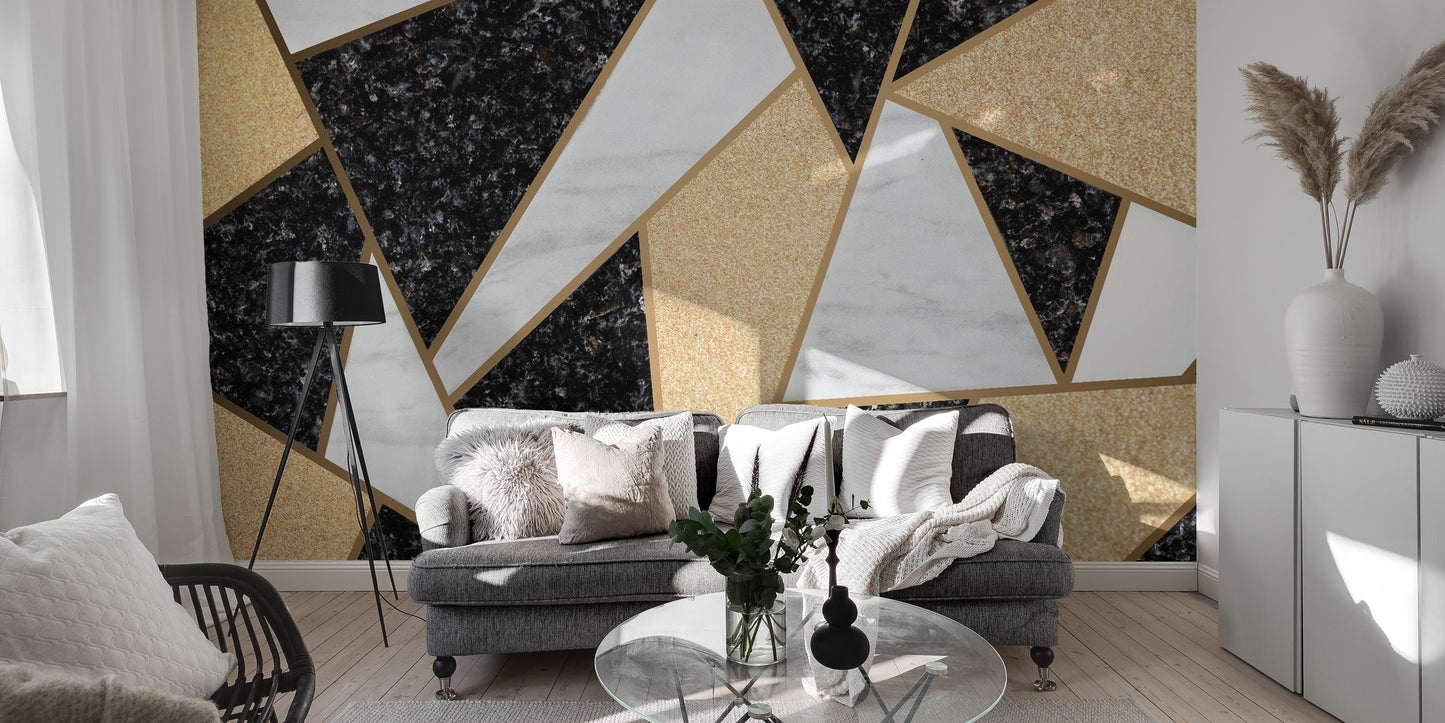 Mosaic marble wallpaper with bold geometric tile accents.
