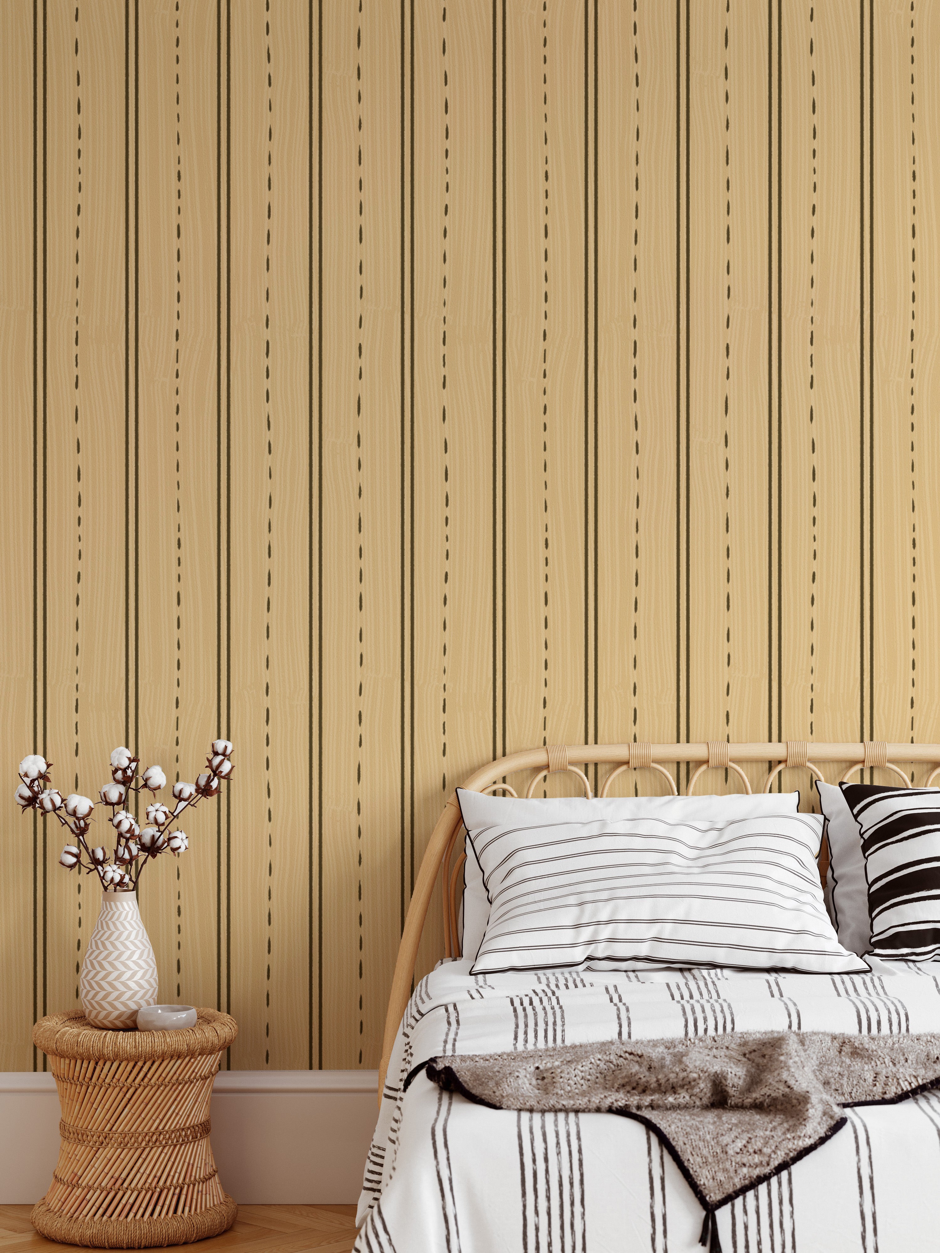 Contemporary wood-striped wallpaper mural for cozy vibes.