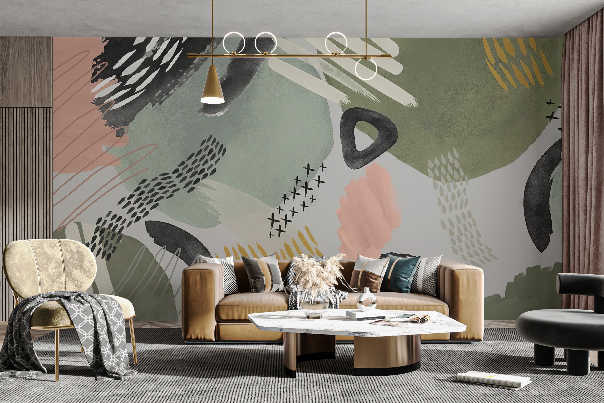 Modernist Echoes Wall Mural creates a chic retreat in livingroom.